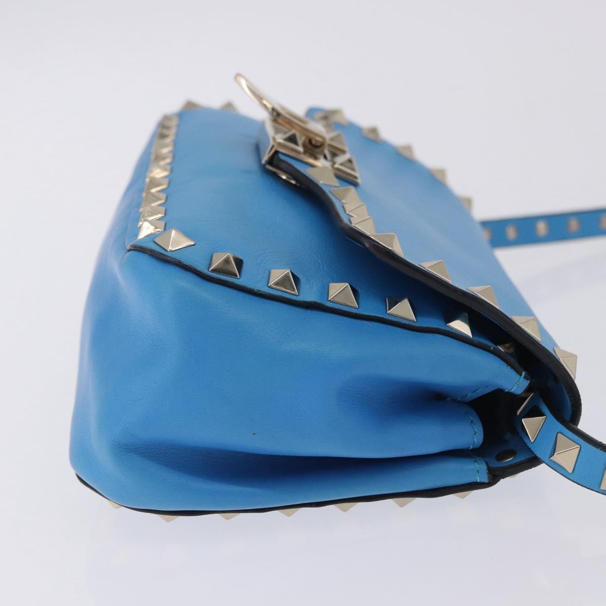 VALENTINO Studs Shoulder Bag Leather Blue Gold Auth 205104V