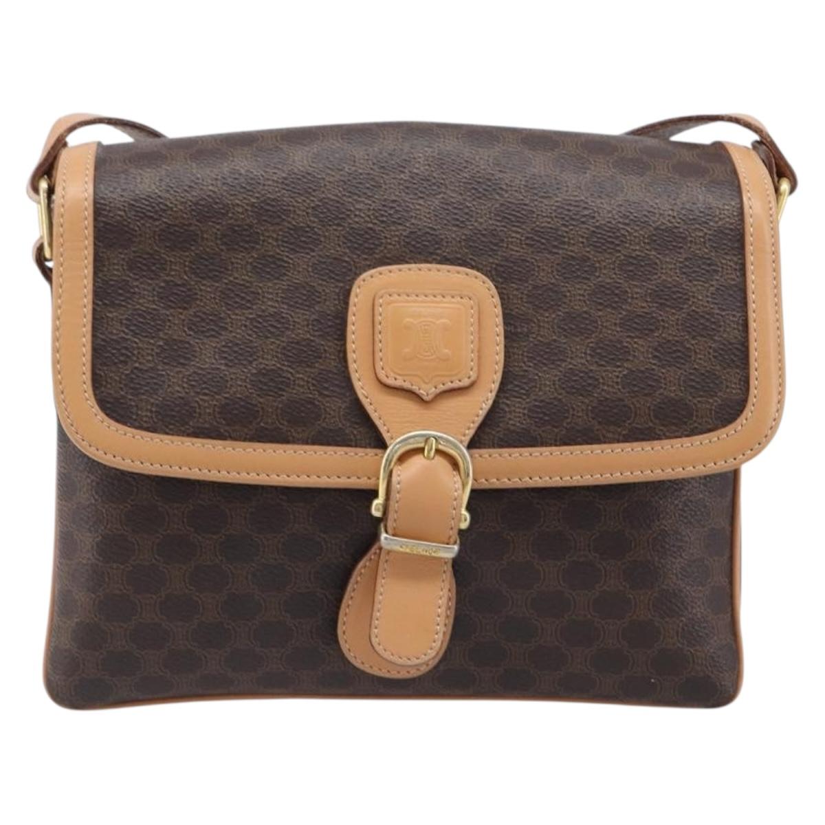 CELINE Macadam Canvas Shoulder Bag PVC Leather Brown Gold Auth 205135V
