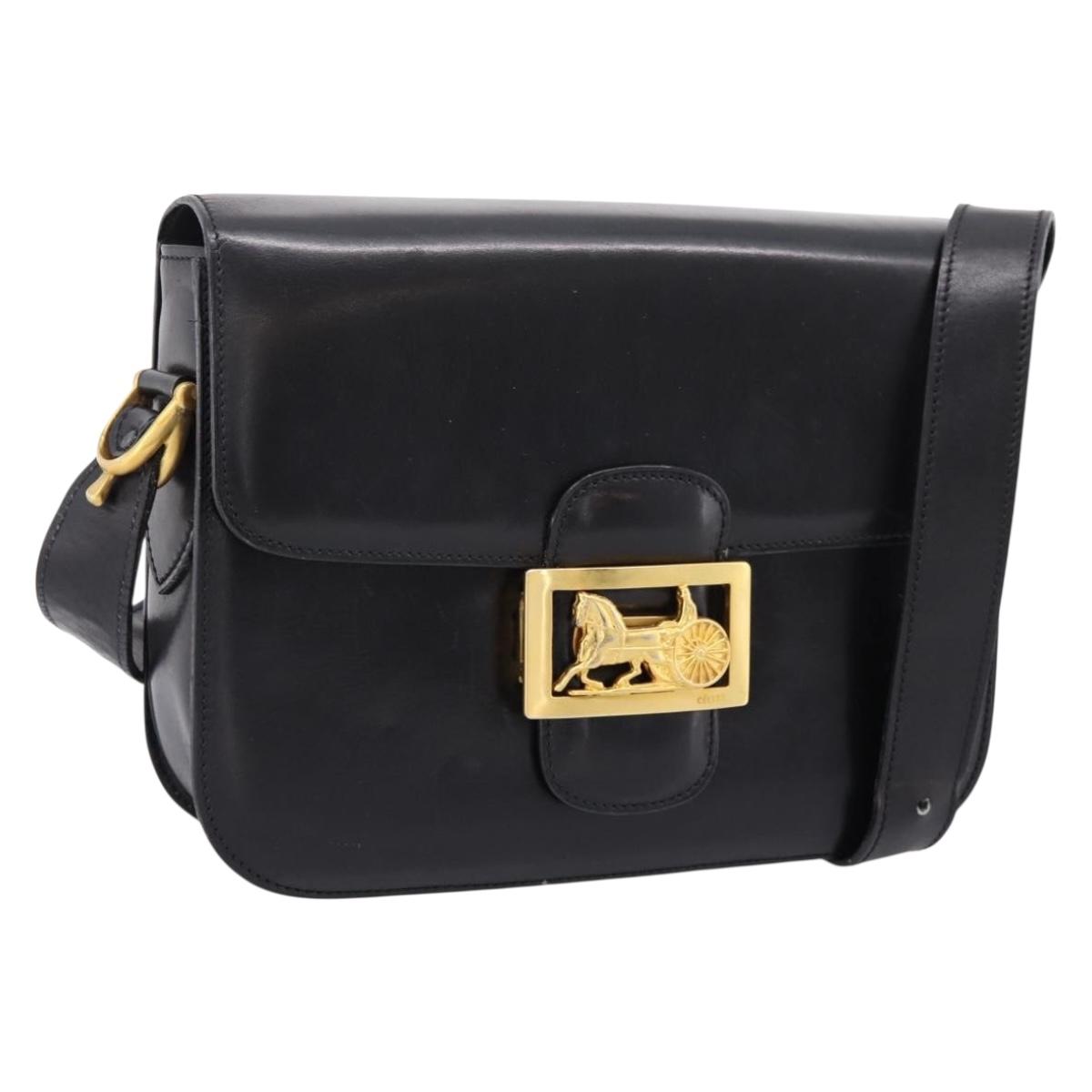 CELINE Shoulder Bag Leather Black Gold Auth 205144
