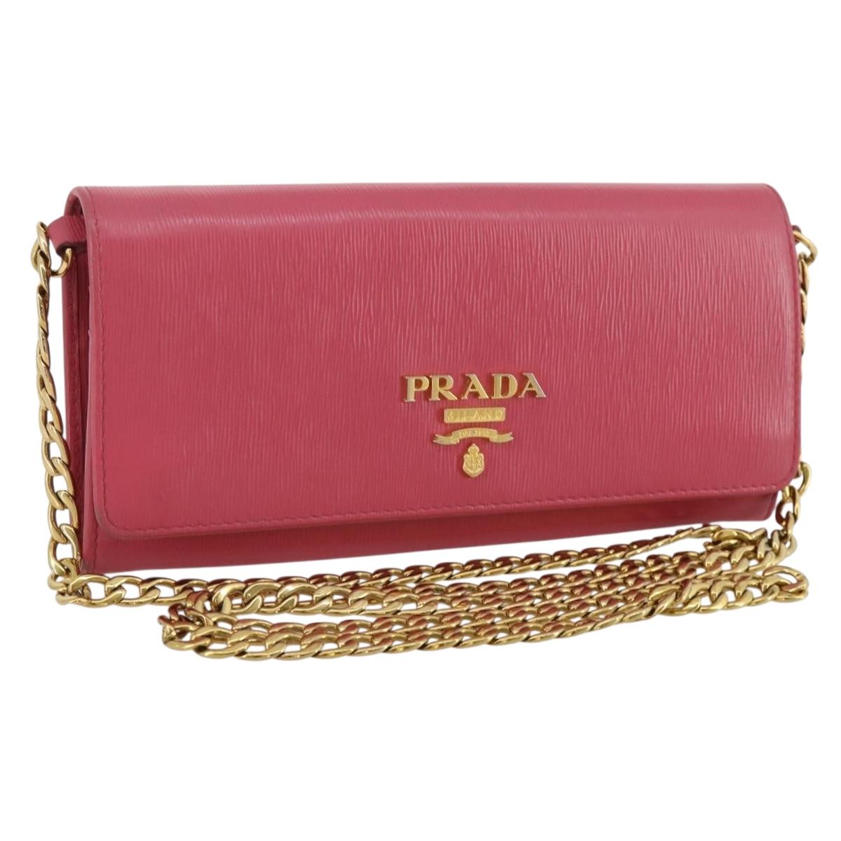 PRADA Chain Wallet Safiano Leather Pink Gold Auth 205152A