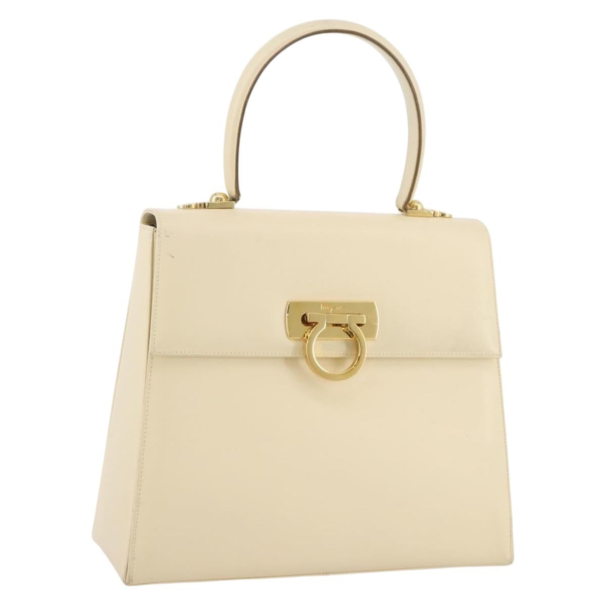 Salvatore Ferragamo Gancini Hand Bag Leather White Gold Auth 205161