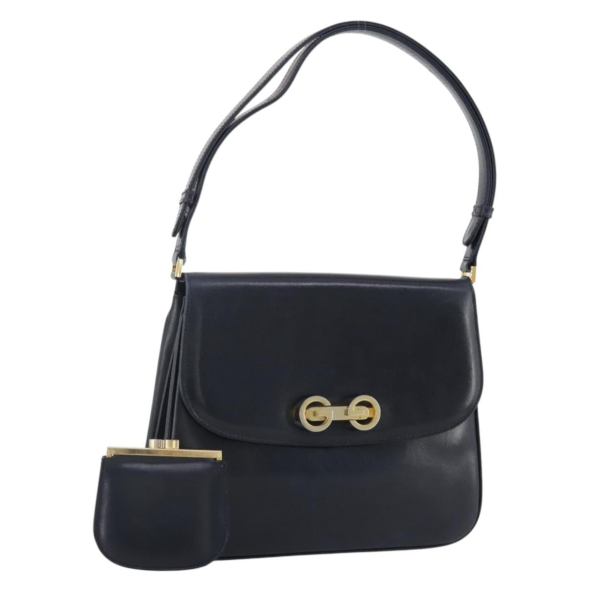 GUCCI Shoulder Bag Leather Navy Gold Auth 205163