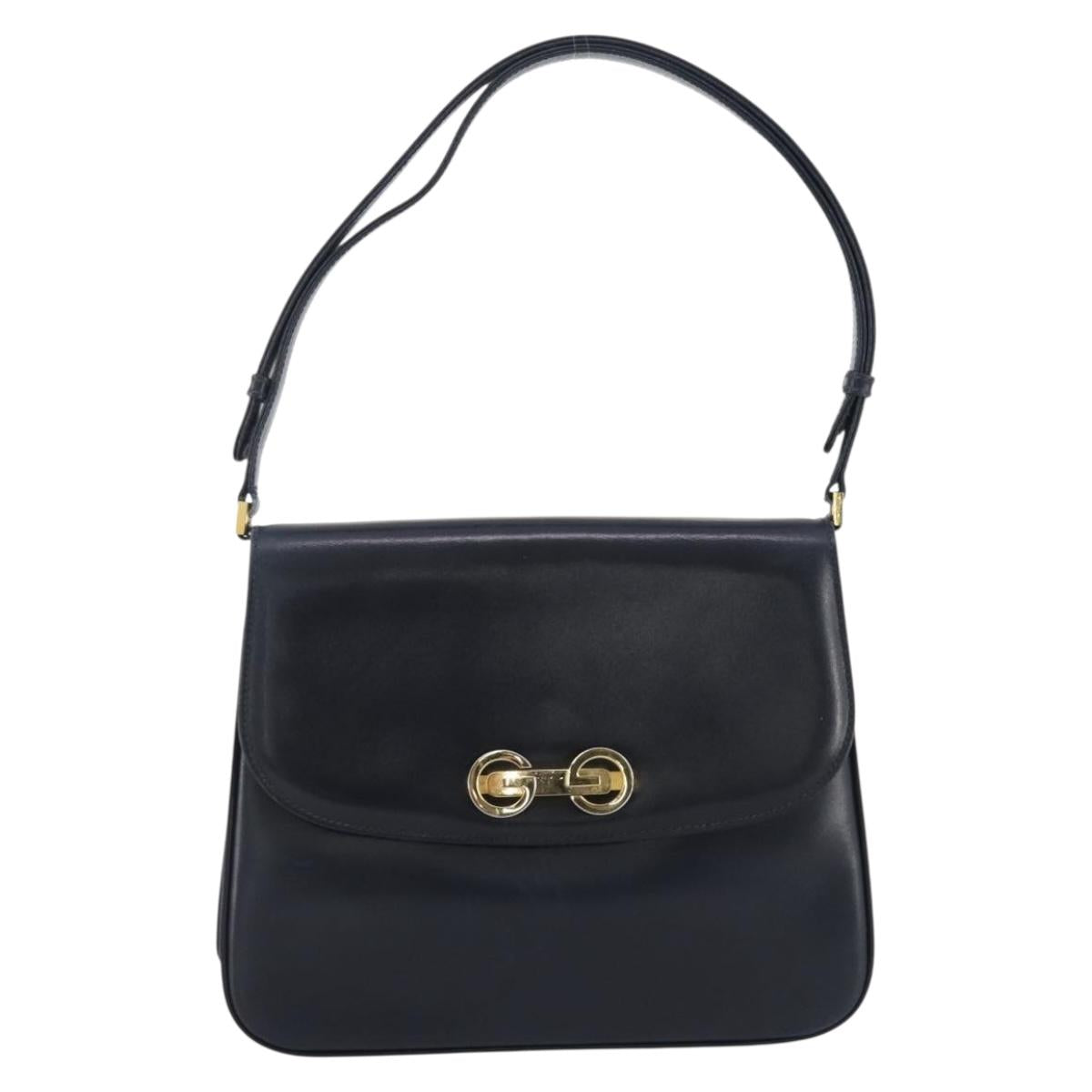 GUCCI Shoulder Bag Leather Navy Gold Auth 205163