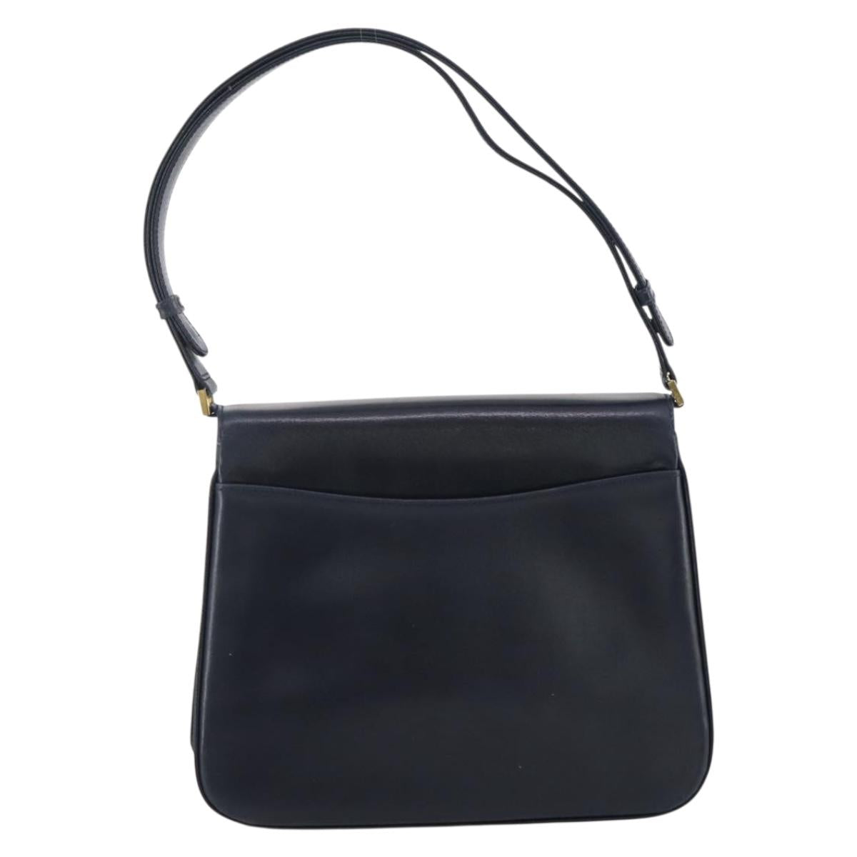 GUCCI Shoulder Bag Leather Navy Gold Auth 205163