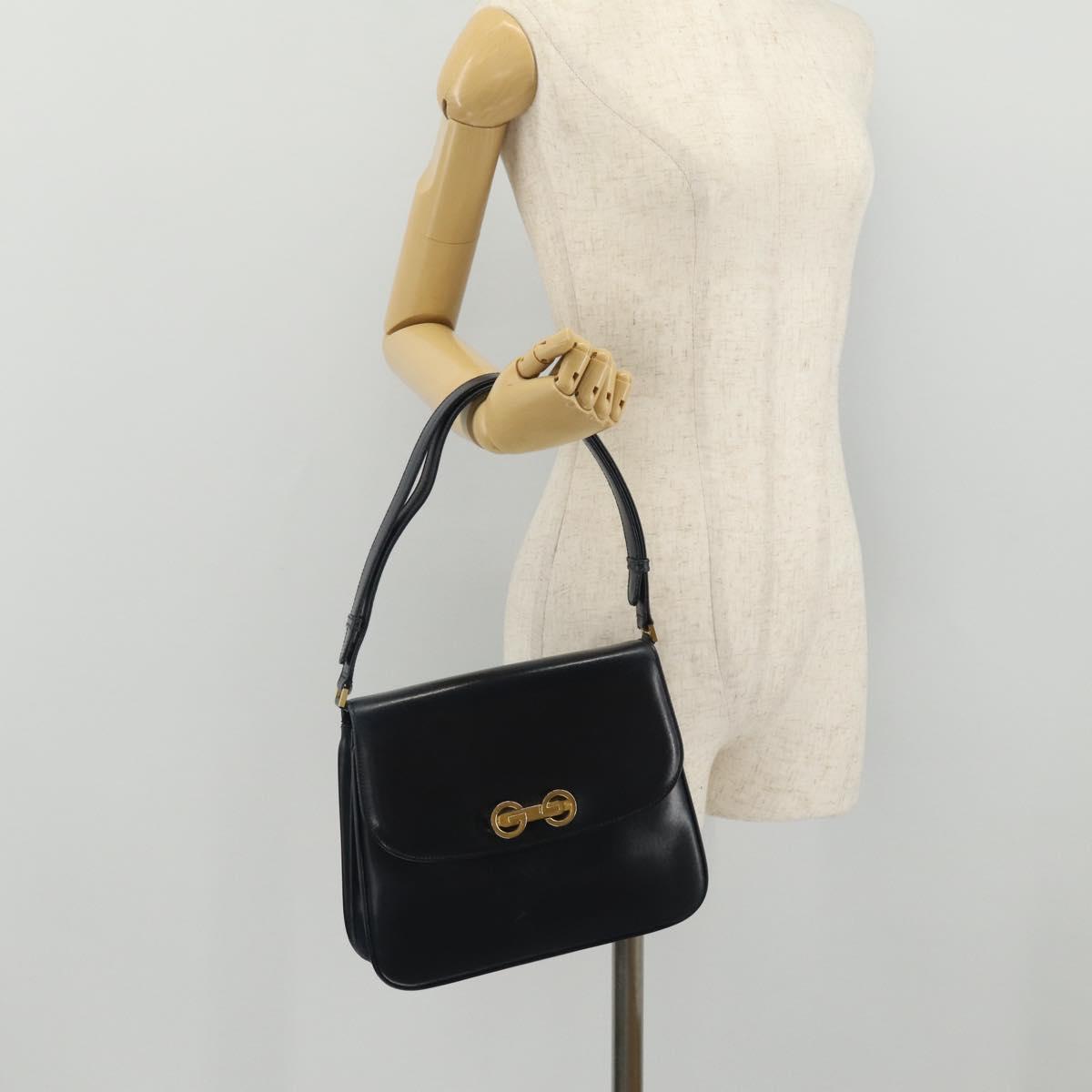 GUCCI Shoulder Bag Leather Navy Gold Auth 205163