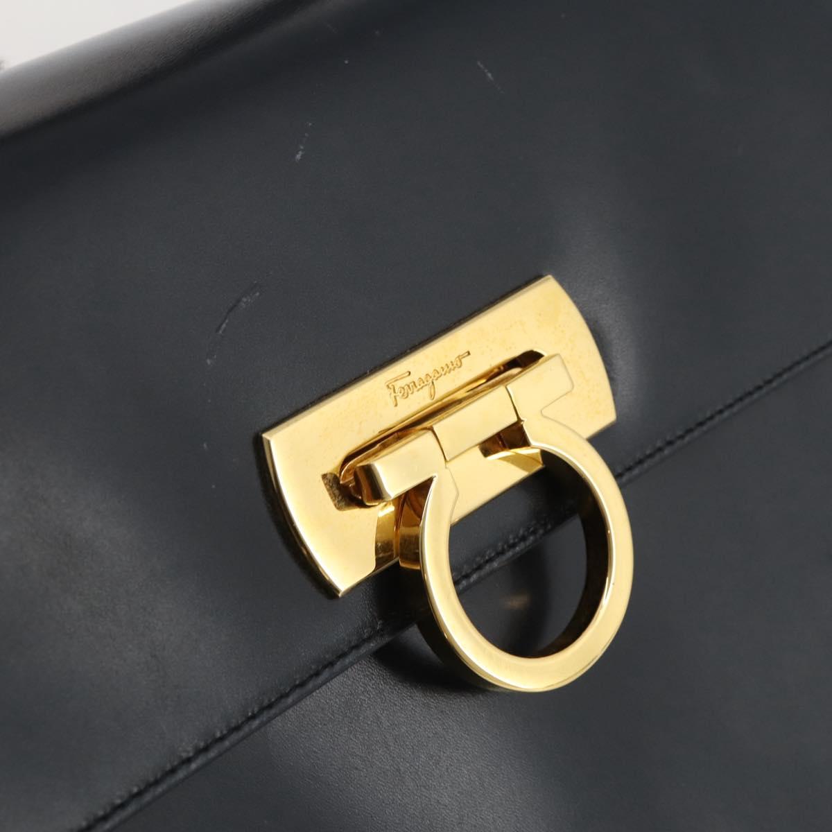 Salvatore Ferragamo Gancini Hand Bag Leather Navy Gold Auth 205167