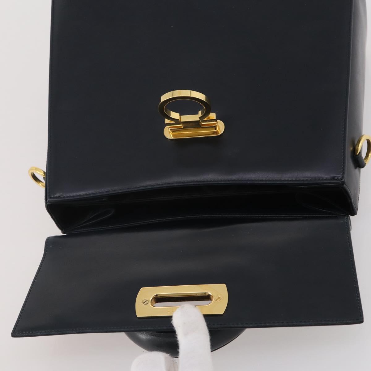 Salvatore Ferragamo Gancini Hand Bag Leather Navy Gold Auth 205167