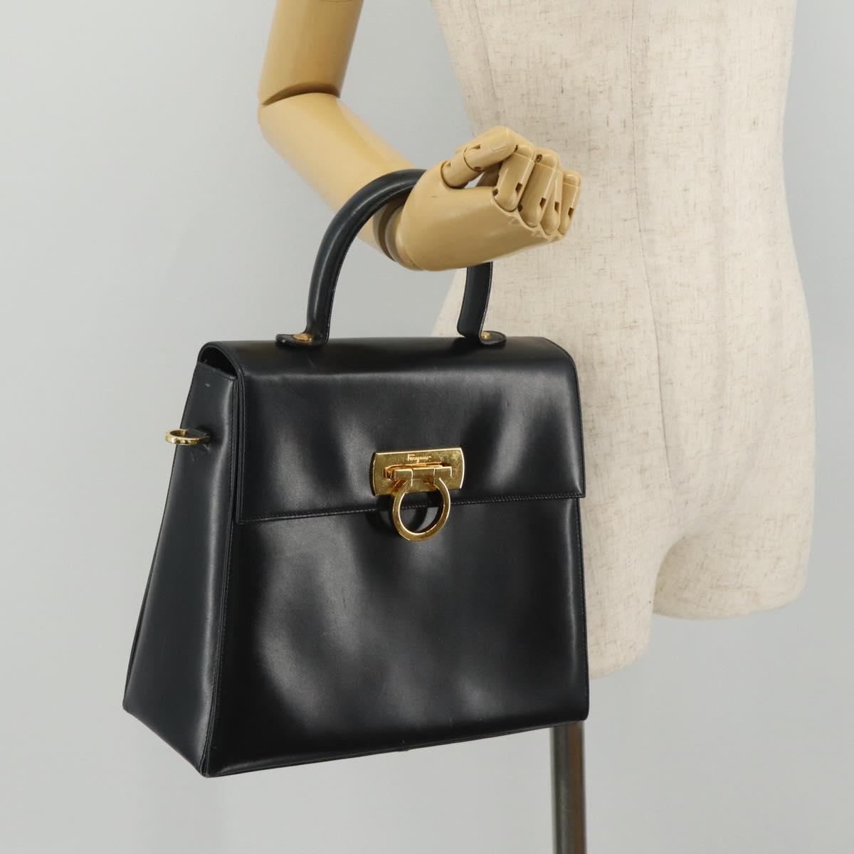 Salvatore Ferragamo Gancini Hand Bag Leather Navy Gold Auth 205167