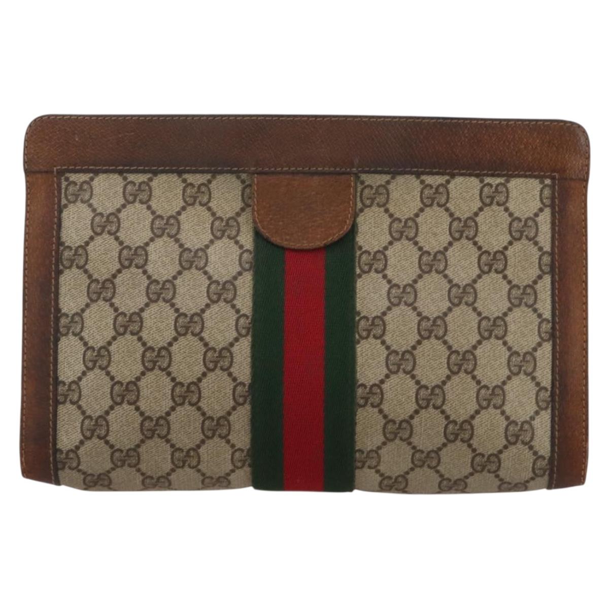 GUCCI GG Supreme Web Sherry Line Clutch Bag PVC Beige Auth 205187