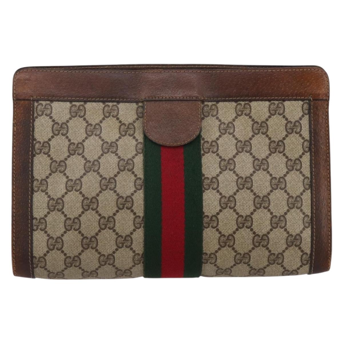 GUCCI GG Supreme Web Sherry Line Clutch Bag PVC Beige Auth 205187