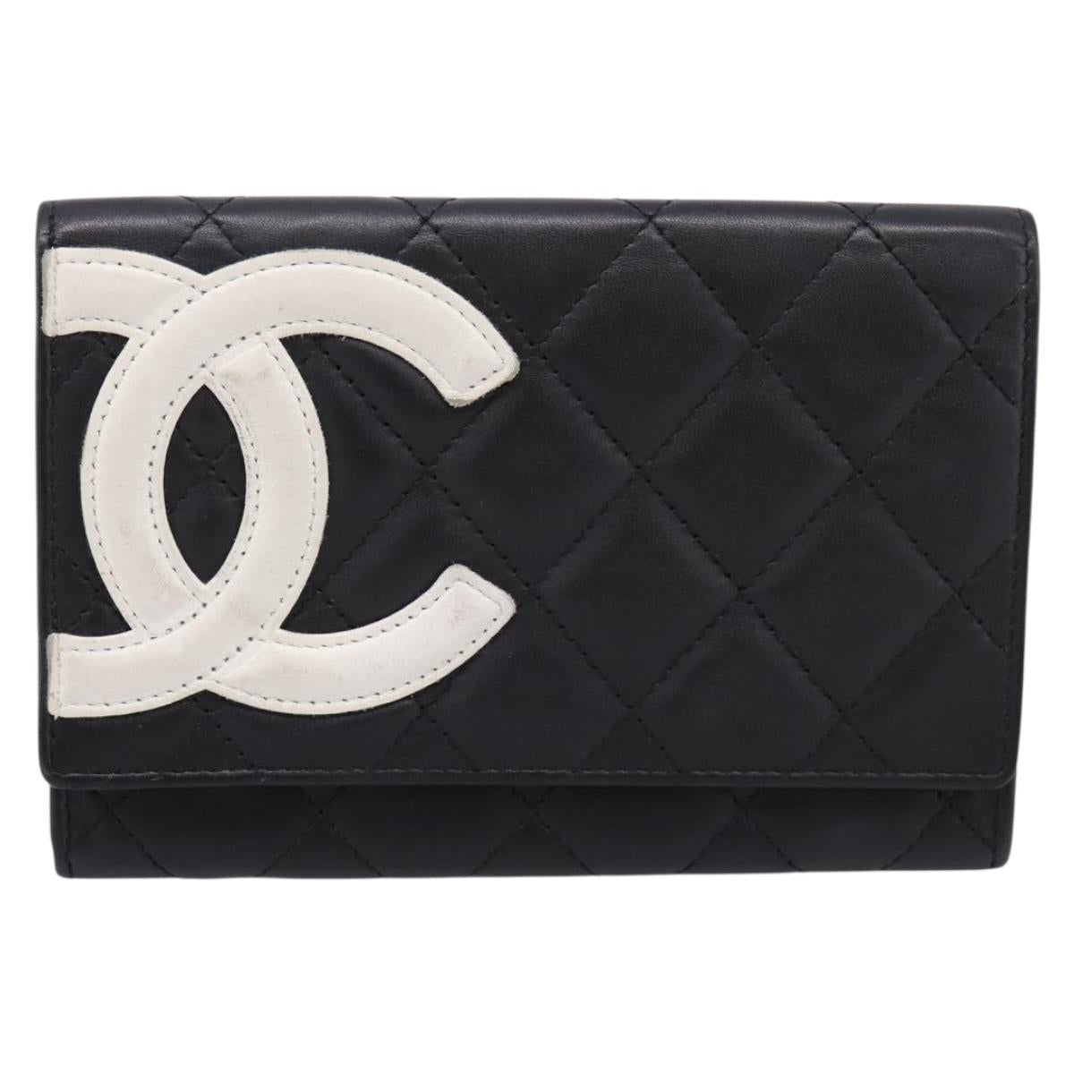CHANEL Cambon Line Matelasse Wallet Leather Black Silver CC Auth 205206A