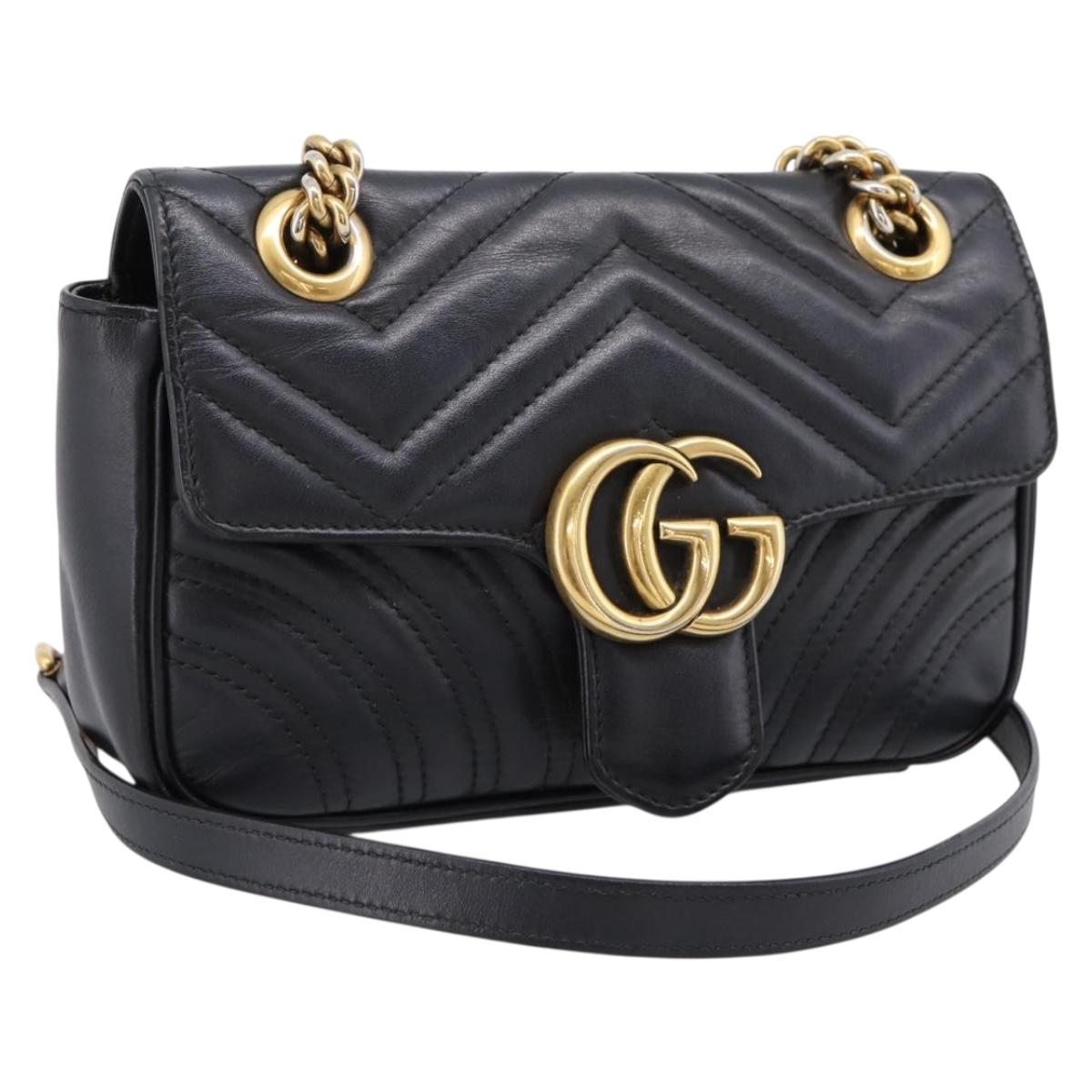 GUCCI GG Marmont Chain Shoulder Bag Leather Black Gold 446744 Auth 205259V