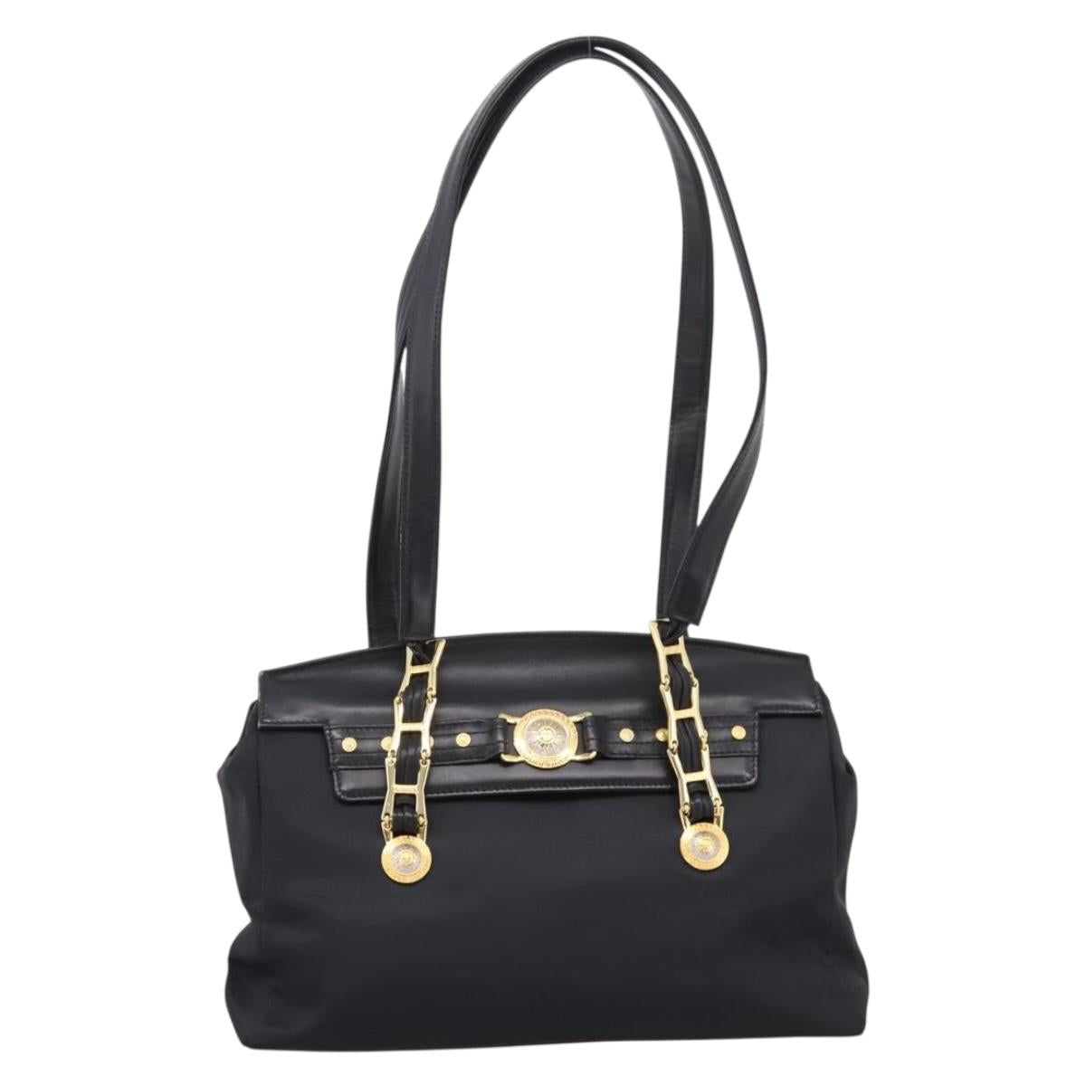 VERSACE Shoulder Bag Nylon Leather Black Gold Auth 205264