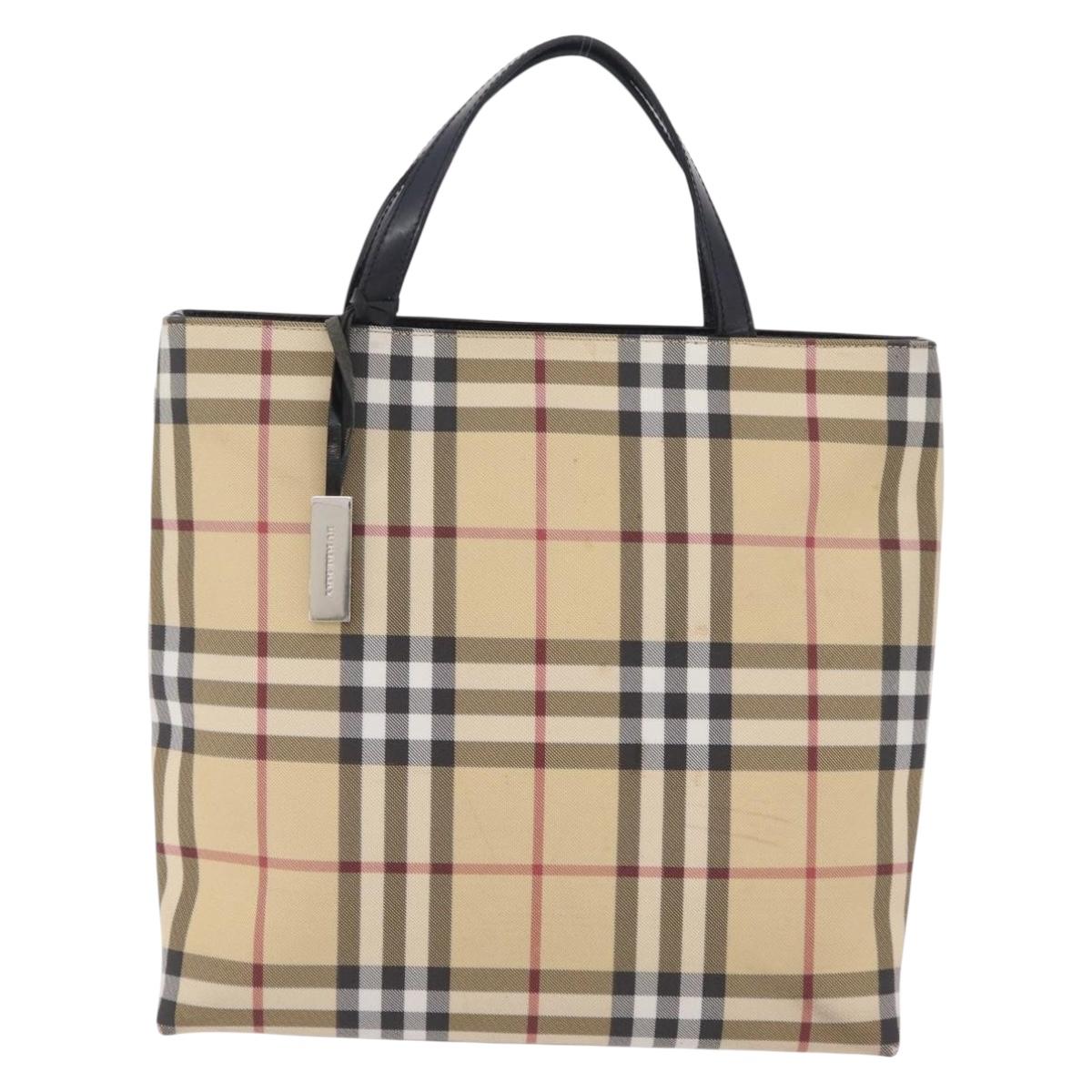 BURBERRY Nova Check Hand Bag PVC Beige Silver Auth 205331