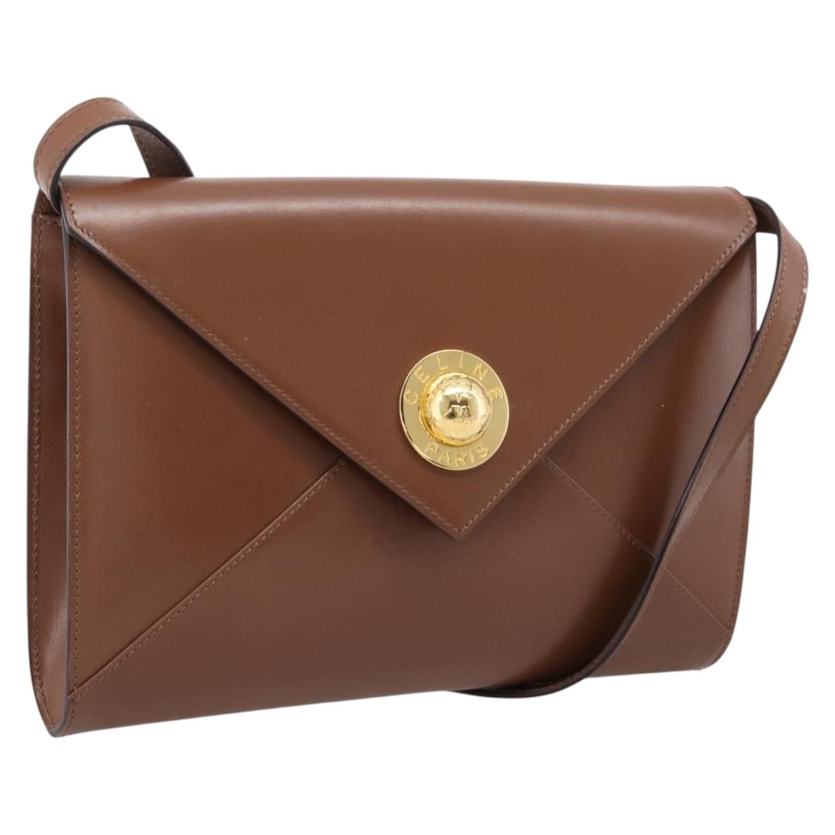 CELINE Shoulder Bag Leather Brown Gold Auth 205342