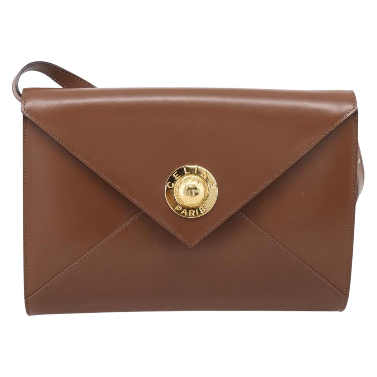 CELINE Shoulder Bag Leather Brown Gold Auth 205342