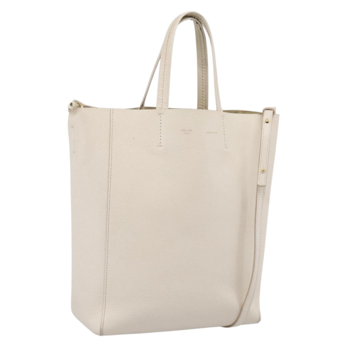 CELINE Vertical Cabas Tote Bag Leather 2way White Gold Auth 205444