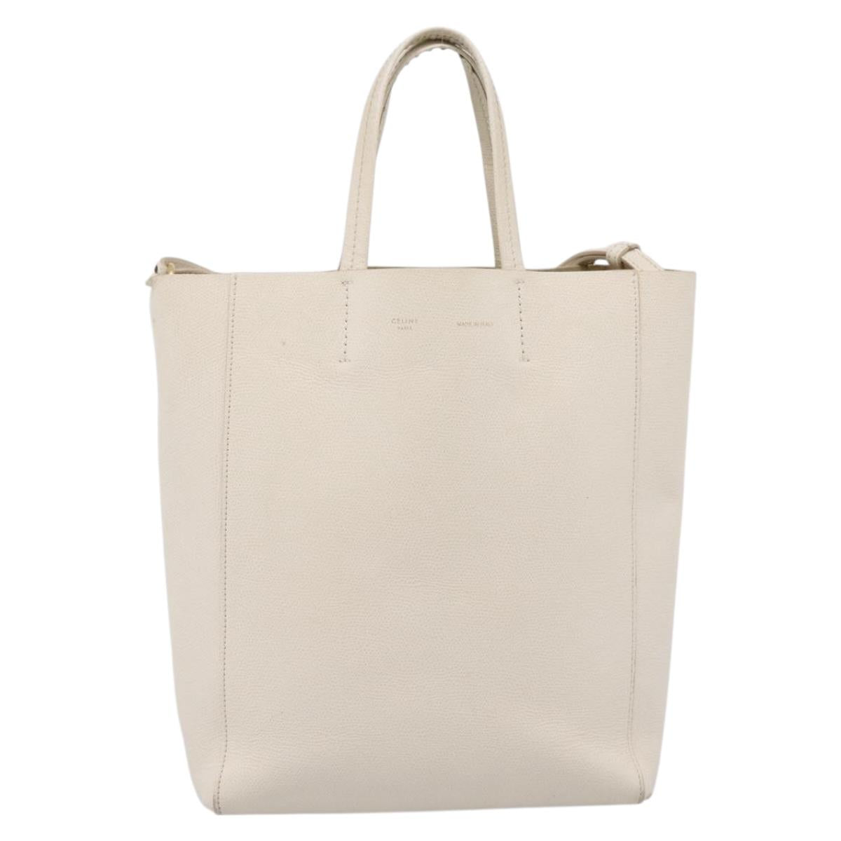CELINE Vertical Cabas Tote Bag Leather 2way White Gold Auth 205444