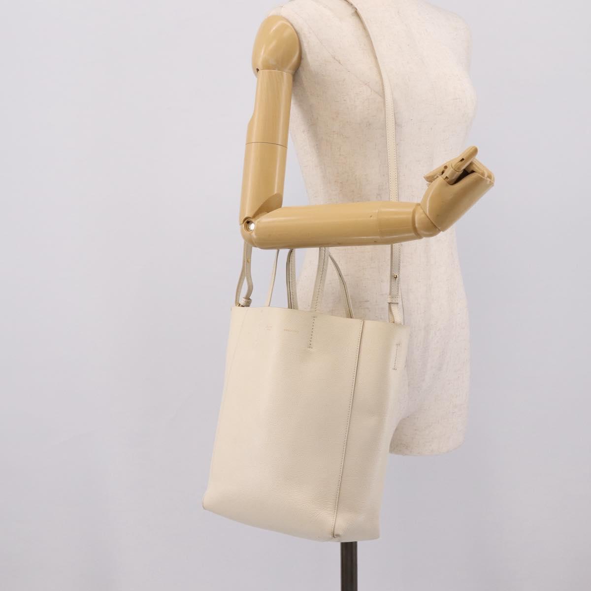 CELINE Vertical Cabas Tote Bag Leather 2way White Gold Auth 205444