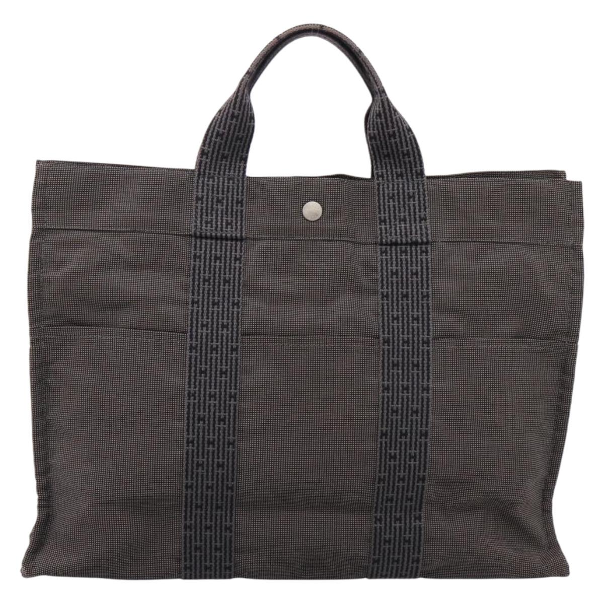 HERMES Her Line MM Hand Bag Canvas Gray Silver Auth 205800A
