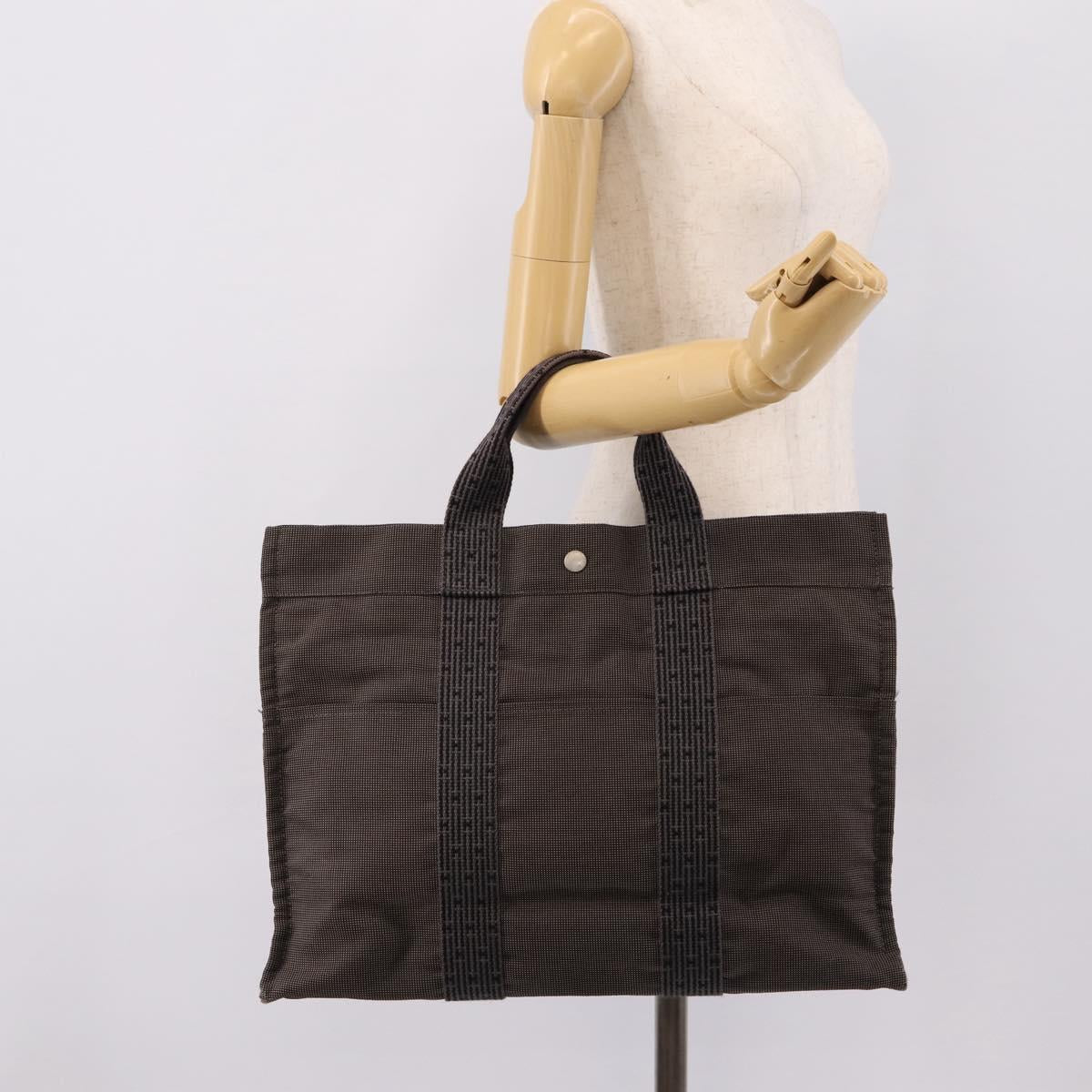 HERMES Her Line MM Hand Bag Canvas Gray Silver Auth 205800A