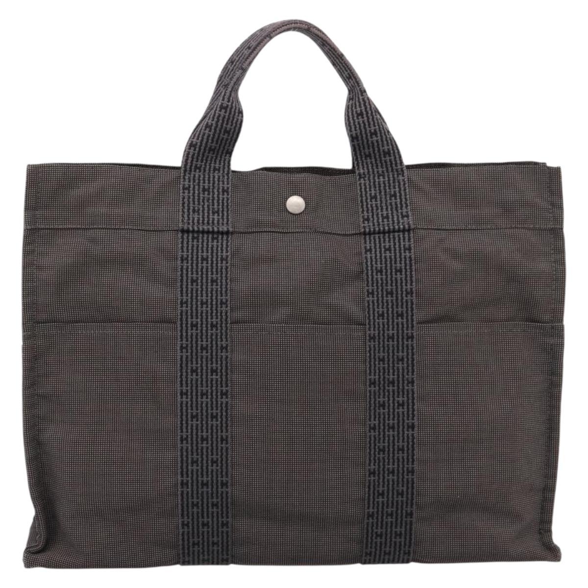 HERMES Her Line MM Hand Bag Canvas Gray Silver Auth 205800A