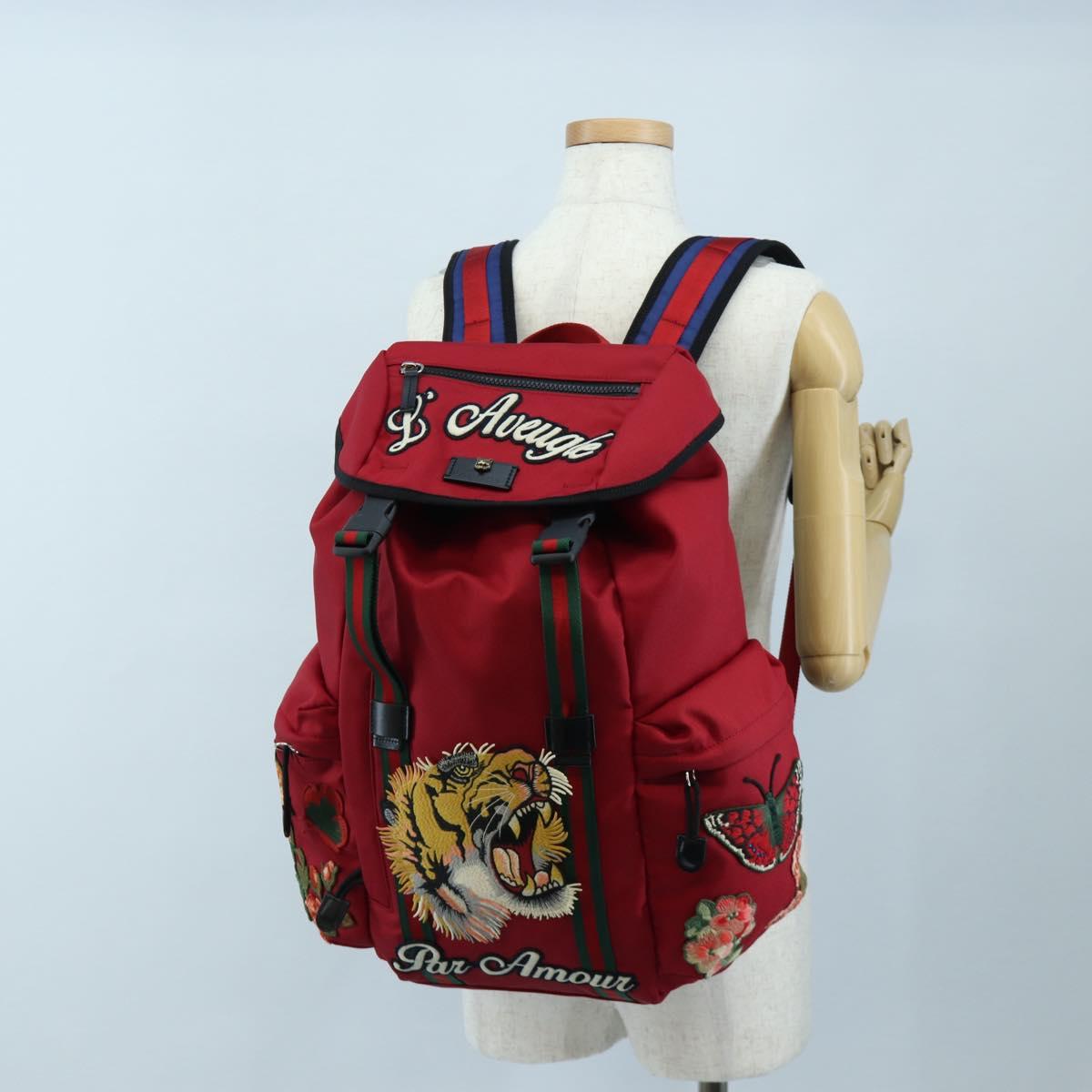 GUCCI Embroidery Tiger Web Sherry Line Backpack Canvas Red 429037 Auth 205809V
