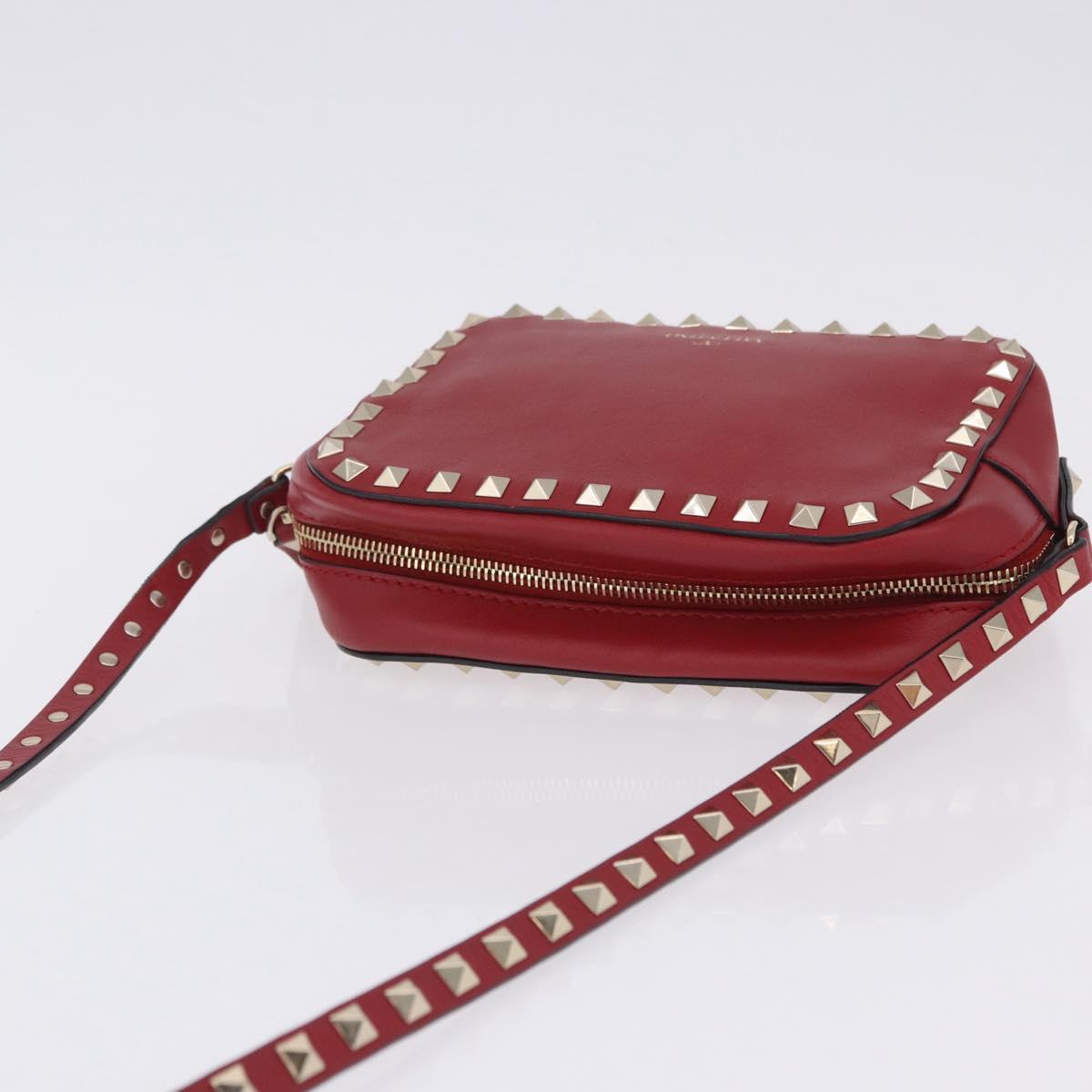 VALENTINO Rock Studs Shoulder Bag Leather Red Gold Tone Auth 205816