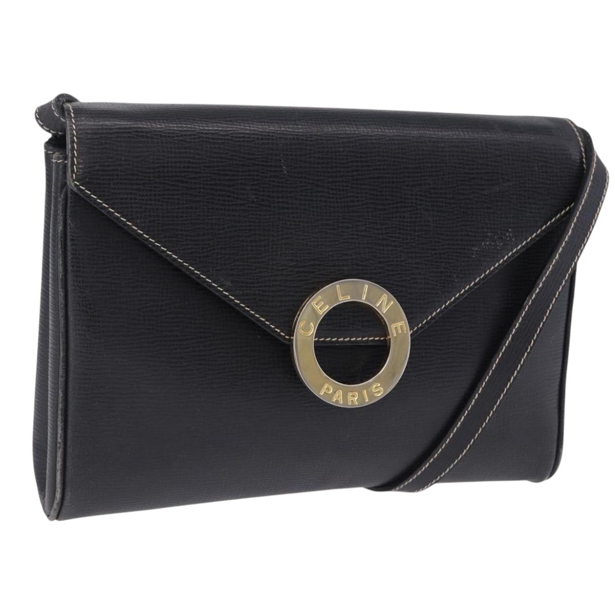 CELINE Circle Shoulder Bag Leather Black Gold Tone Auth 205823