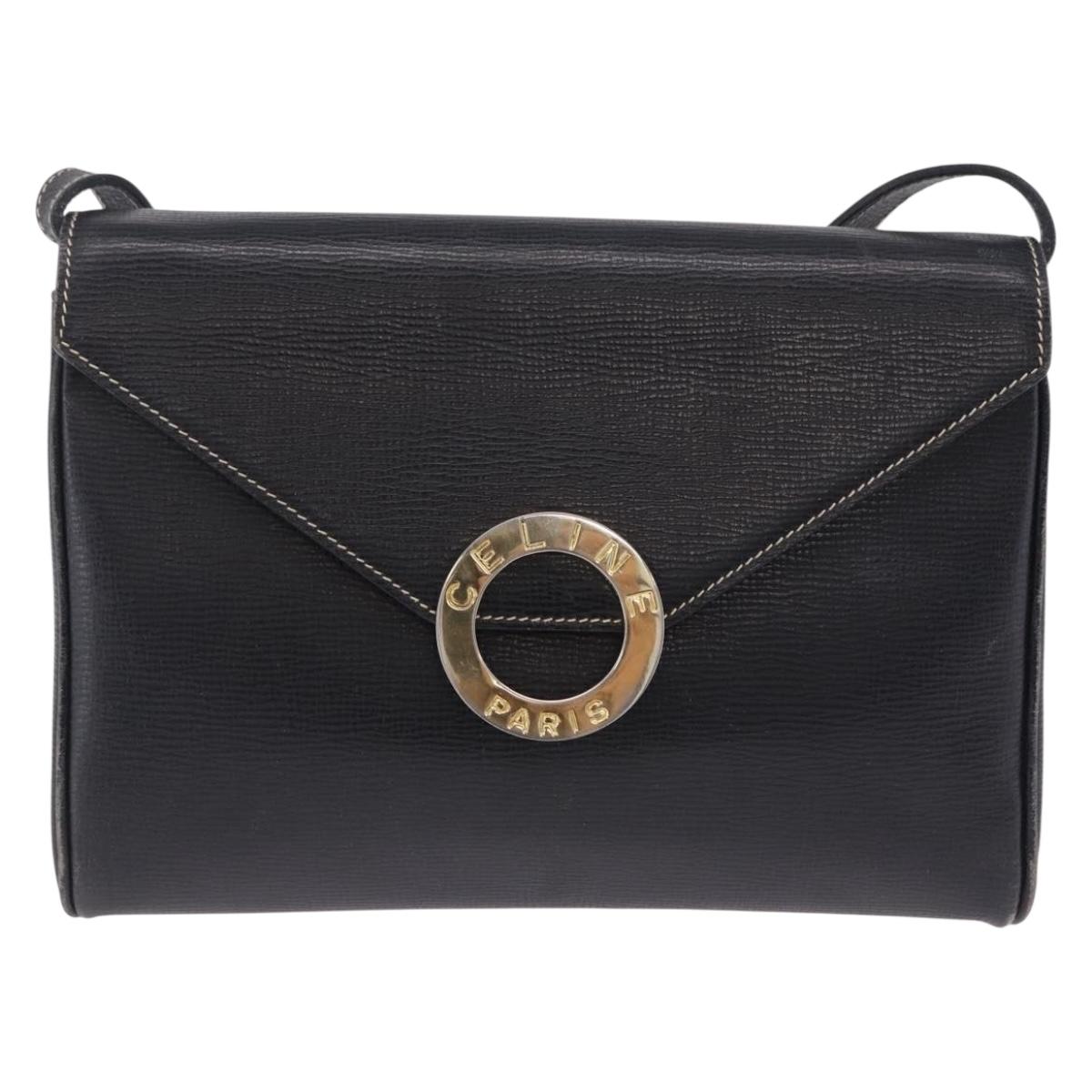 CELINE Circle Shoulder Bag Leather Black Gold Tone Auth 205823