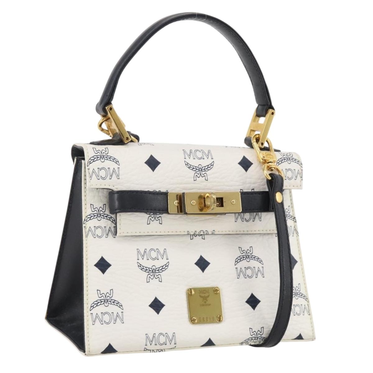 MCM Vicetos Hand Bag PVC Leather 2way White Gold Tone Auth 205825A