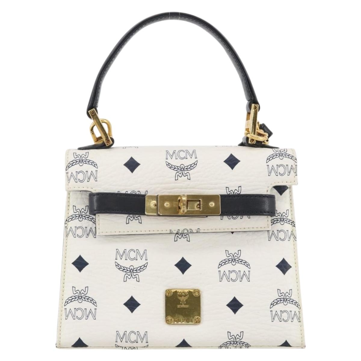 MCM Vicetos Hand Bag PVC Leather 2way White Gold Tone Auth 205825A