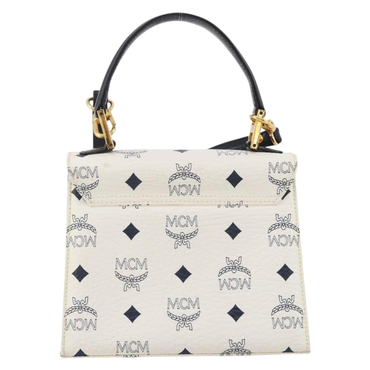 MCM Vicetos Hand Bag PVC Leather 2way White Gold Tone Auth 205825A