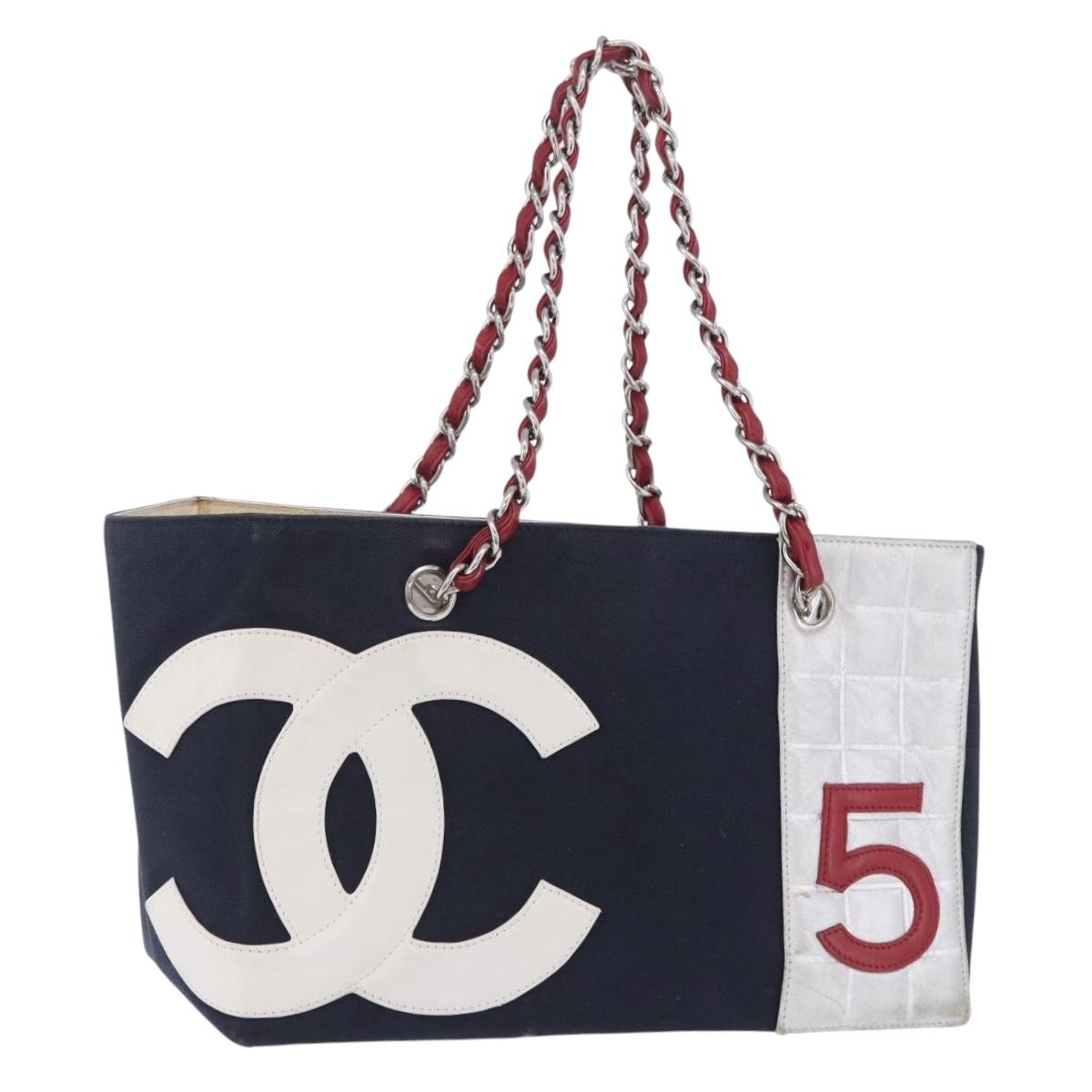 CHANEL Choco Bar Chain Shoulder Tote Bag Canvas Navy Silver CC Auth 205836A