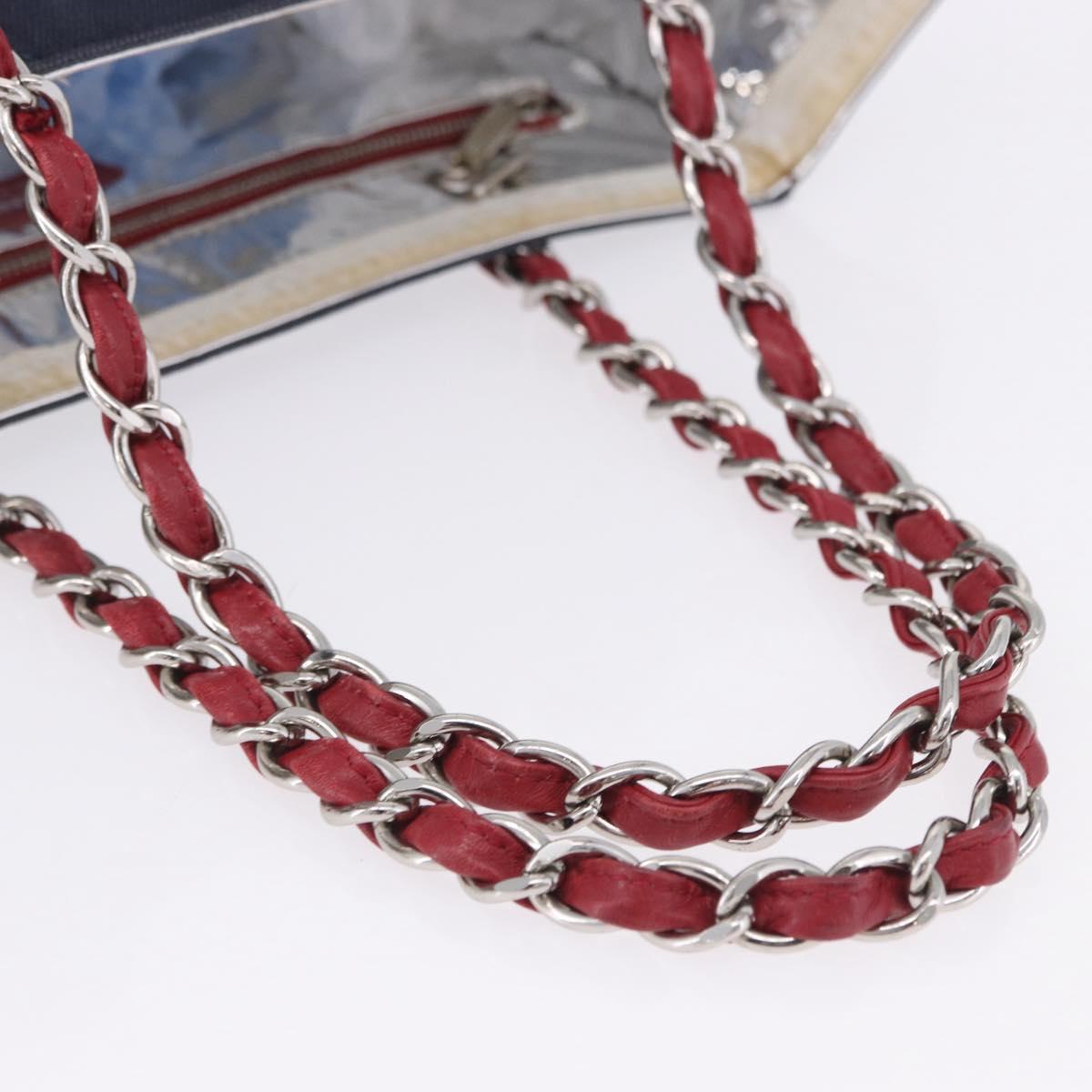 CHANEL Choco Bar Chain Shoulder Tote Bag Canvas Navy Silver CC Auth 205836A