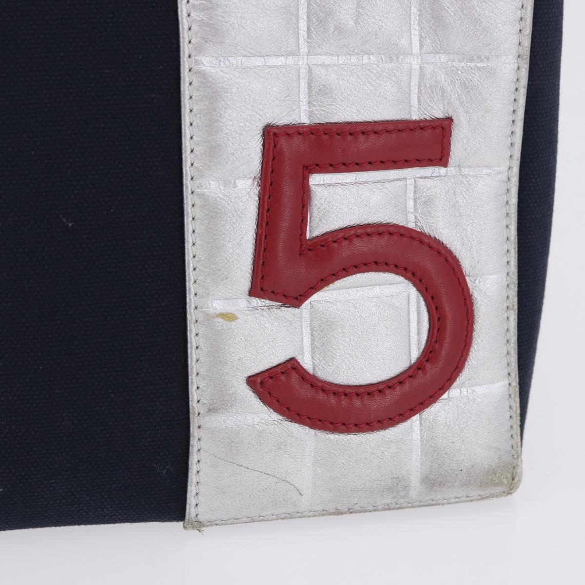 CHANEL Choco Bar Chain Shoulder Tote Bag Canvas Navy Silver CC Auth 205836A