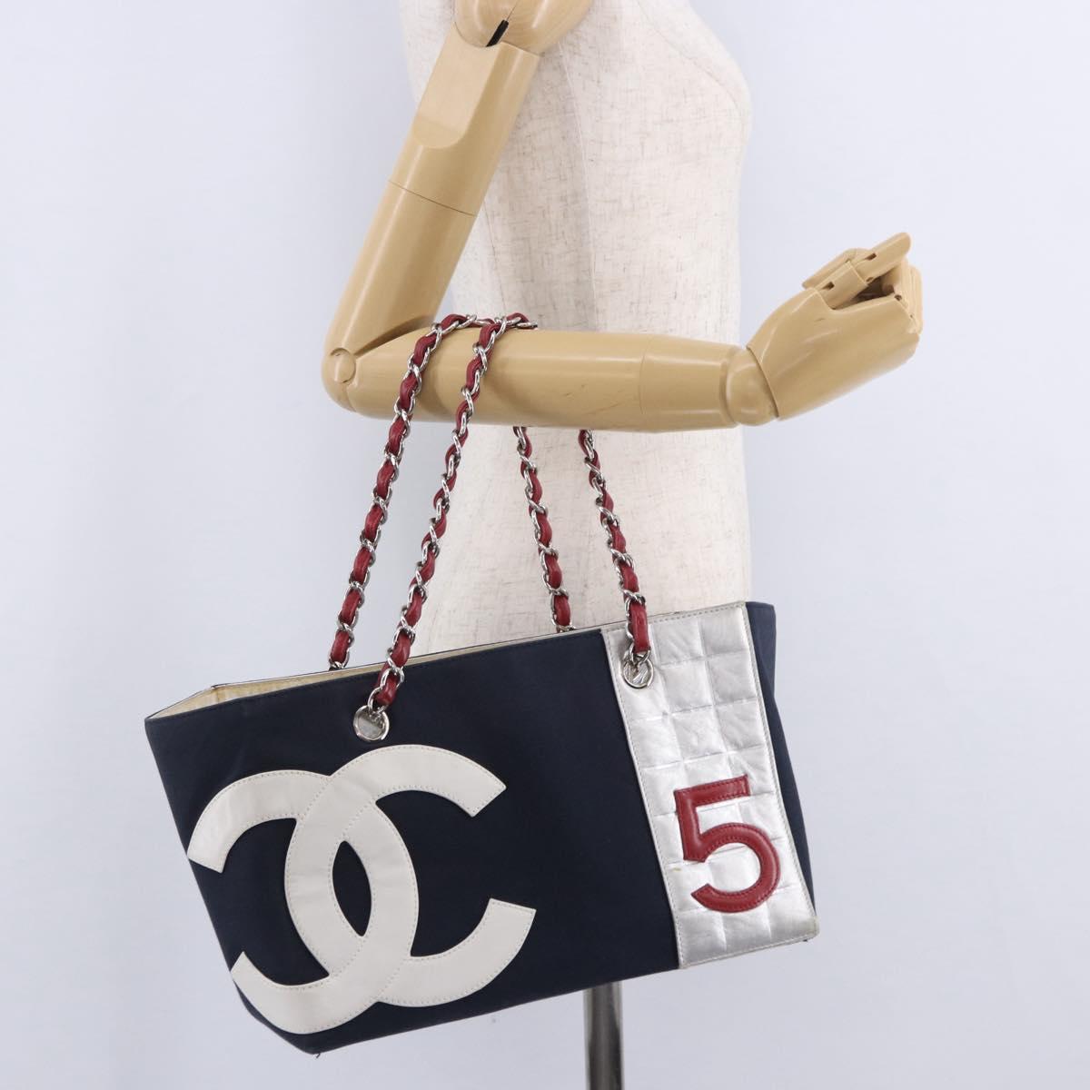 CHANEL Choco Bar Chain Shoulder Tote Bag Canvas Navy Silver CC Auth 205836A