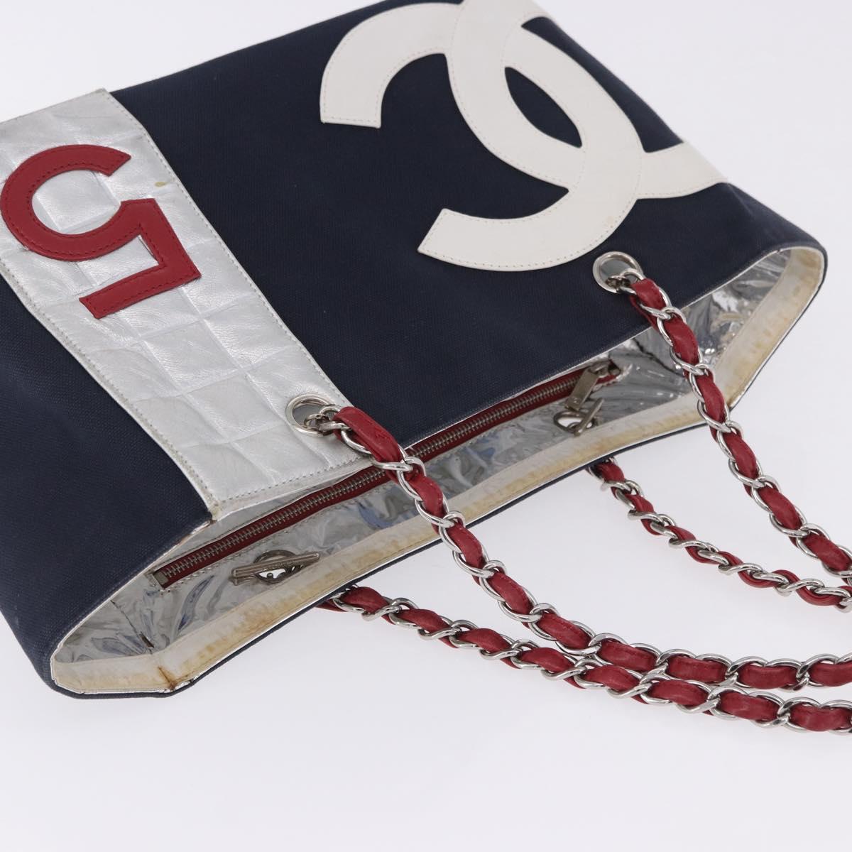 CHANEL Choco Bar Chain Shoulder Tote Bag Canvas Navy Silver CC Auth 205836A