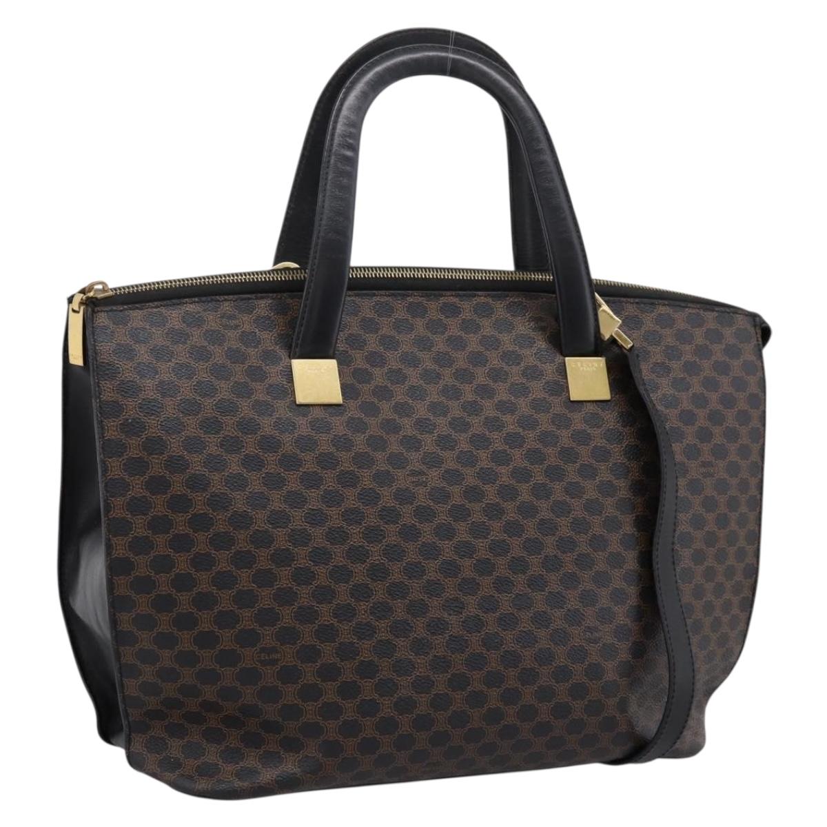 CELINE Macadam Hand Bag PVC Leather 2way Black Gold Tone Auth 205852