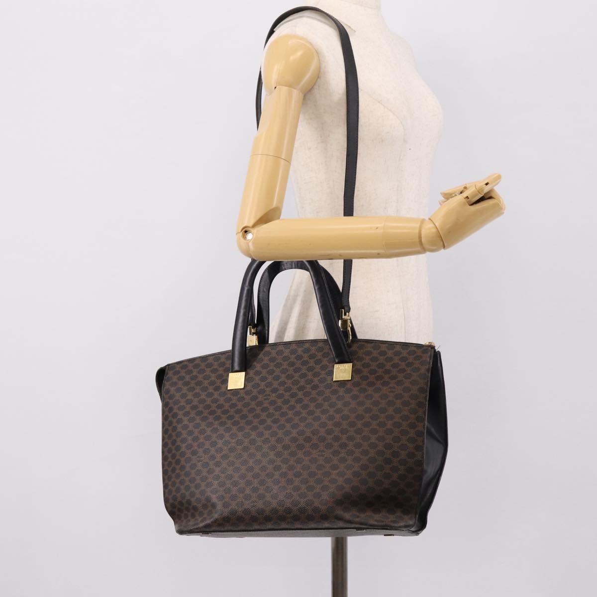 CELINE Macadam Hand Bag PVC Leather 2way Black Gold Tone Auth 205852