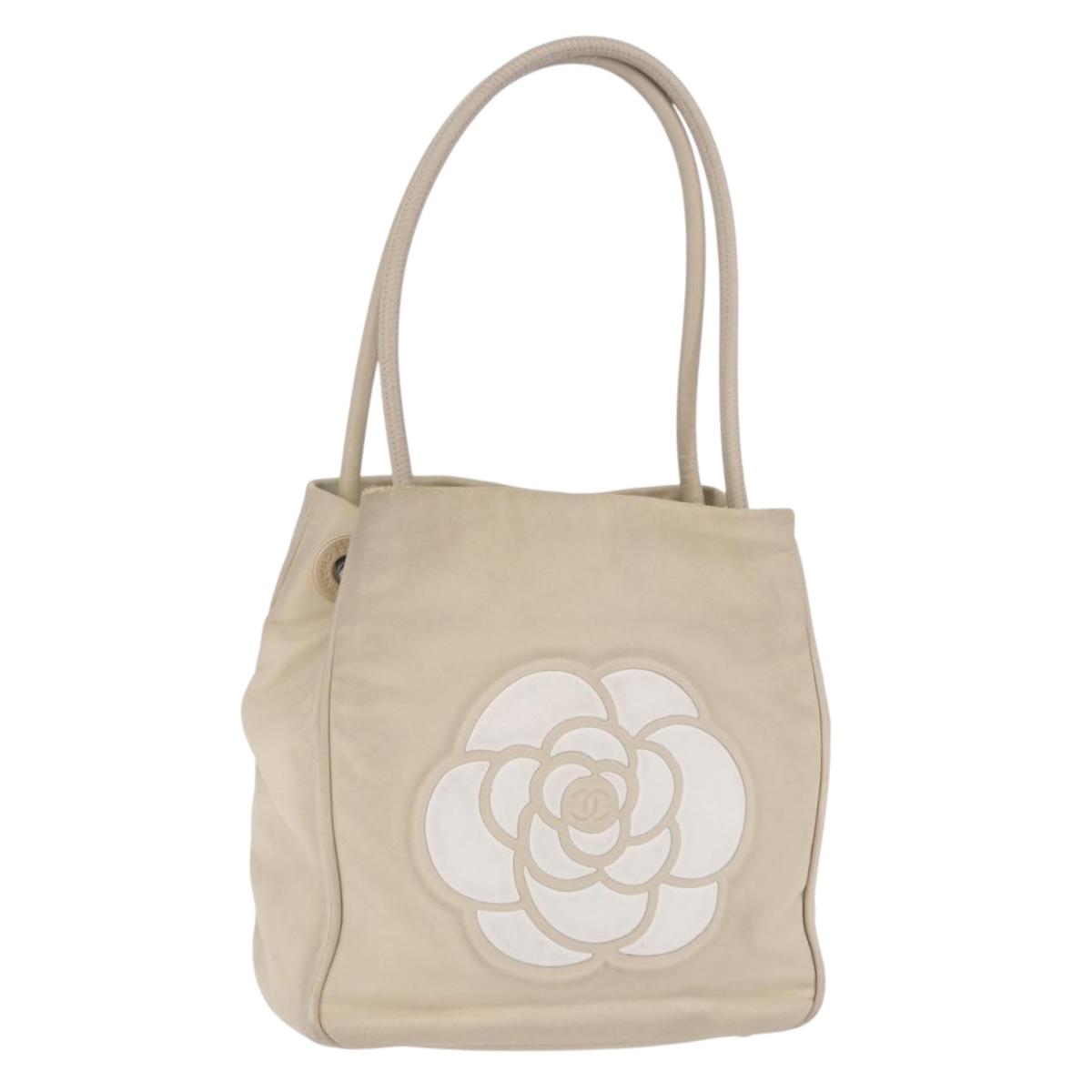 CHANEL Camelia Tote Bag Leather Beige Gold Tone CC Auth 205854