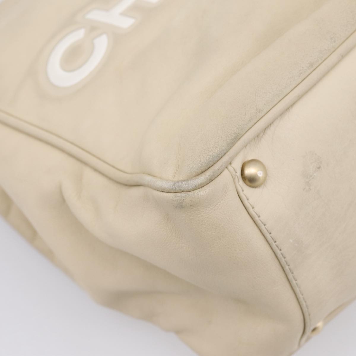 CHANEL Camelia Tote Bag Leather Beige Gold Tone CC Auth 205854