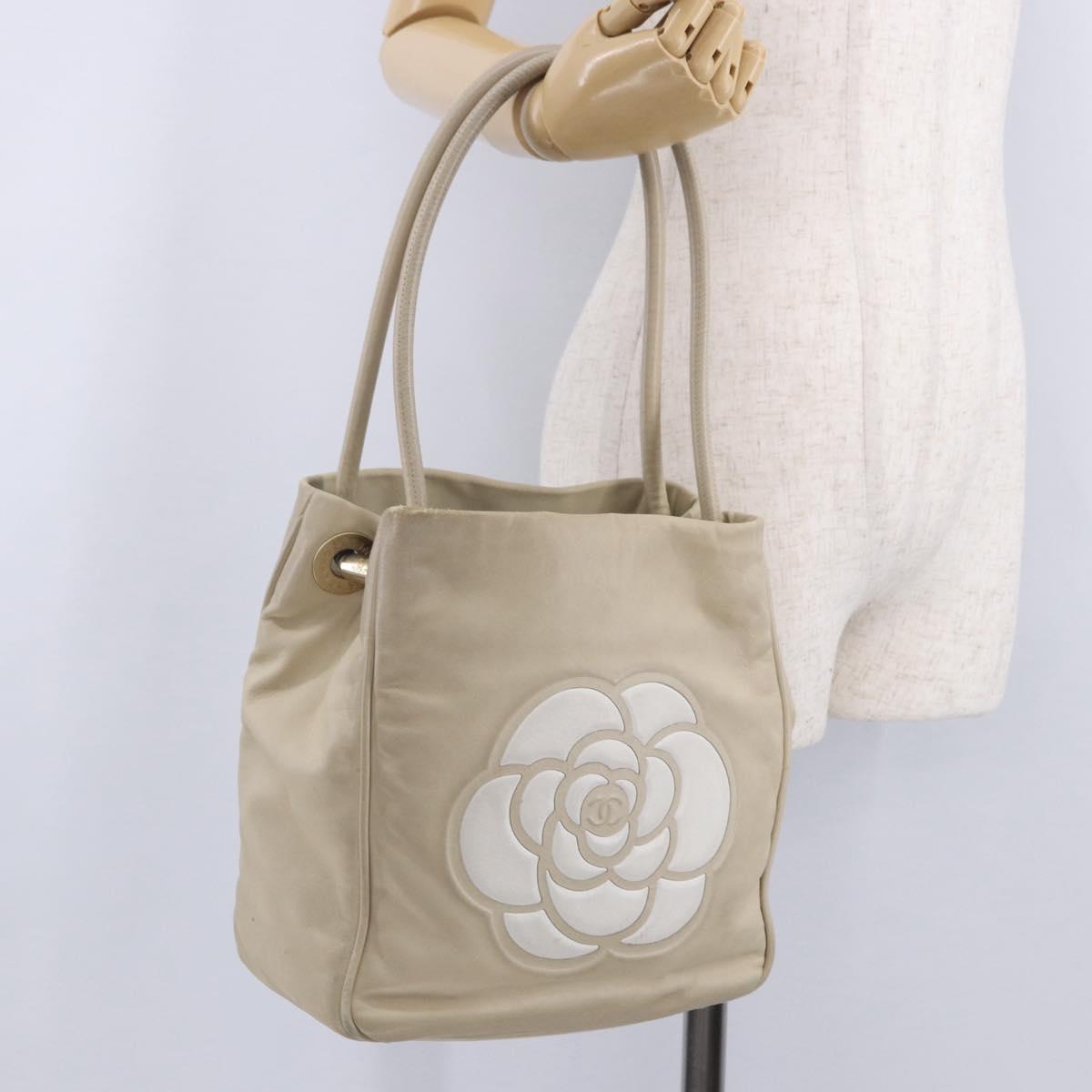 CHANEL Camelia Tote Bag Leather Beige Gold Tone CC Auth 205854