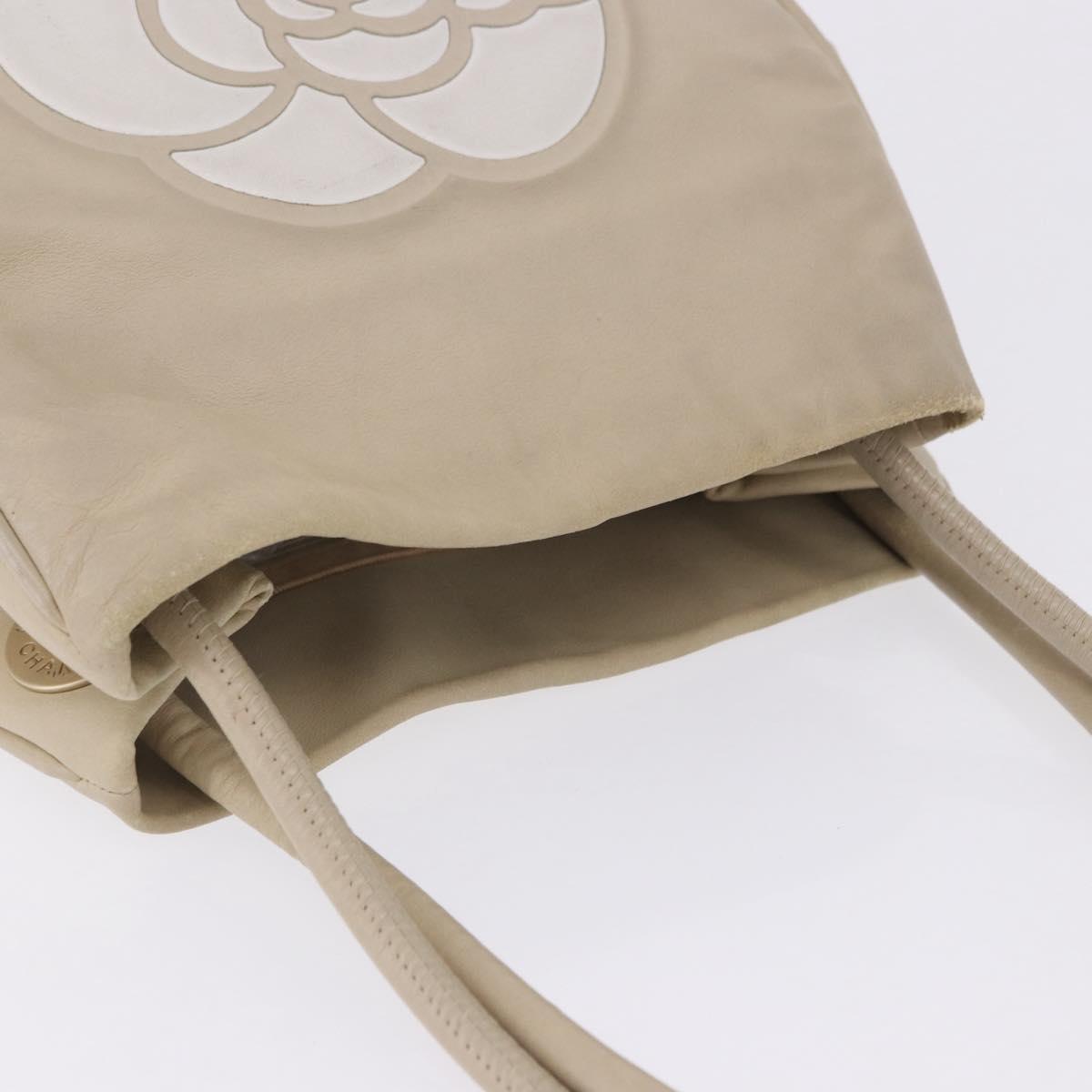 CHANEL Camelia Tote Bag Leather Beige Gold Tone CC Auth 205854