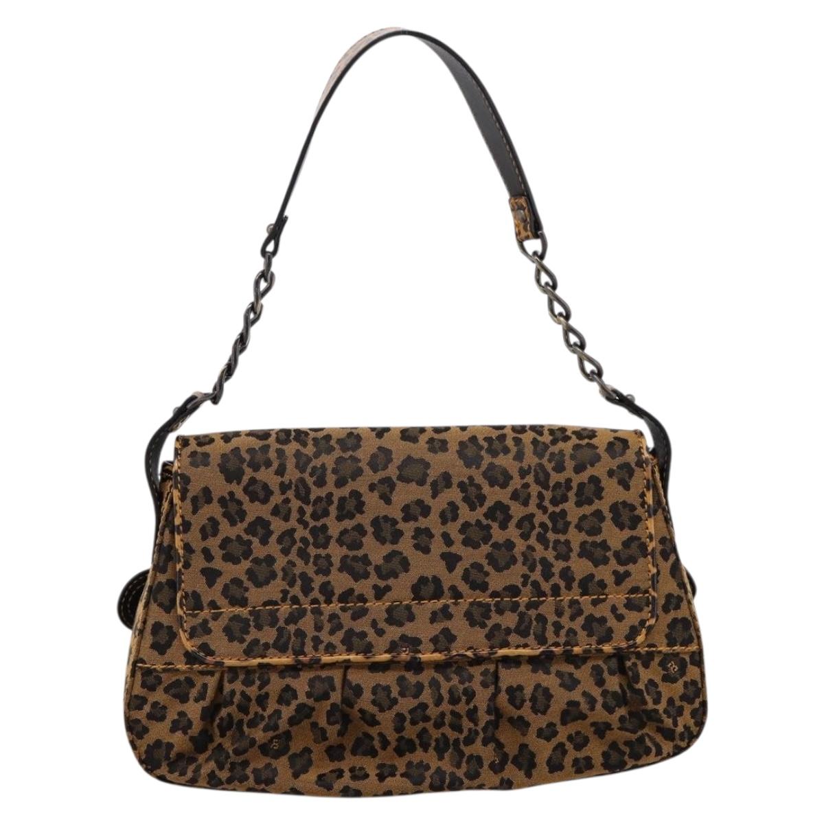FENDI Chain Mamma Baguette Shoulder Bag Canvas Beige Auth 205882SAM