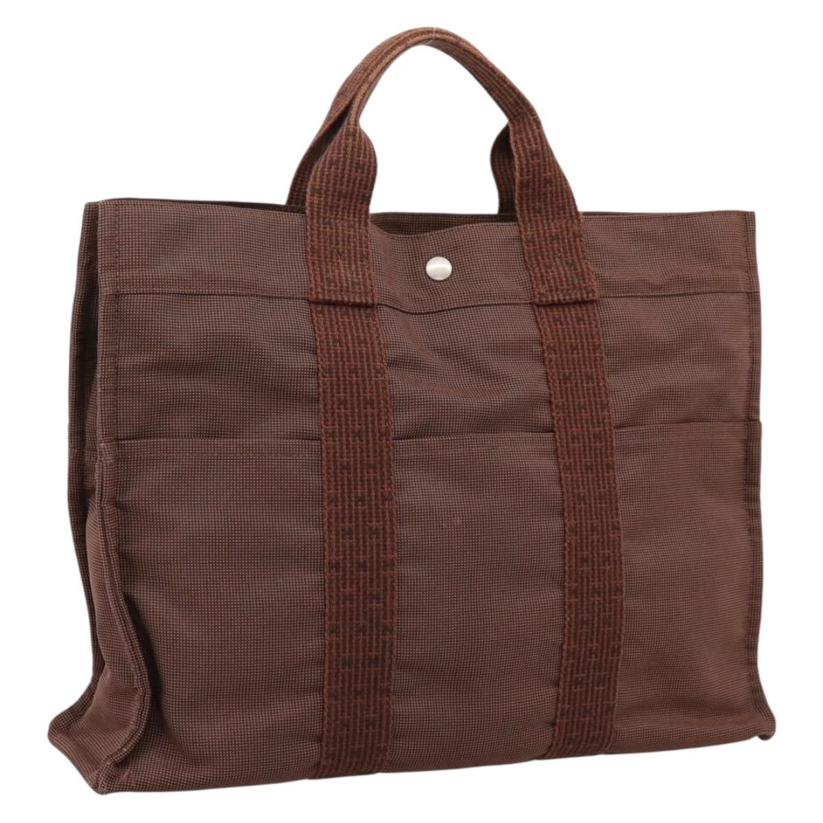 HERMES Her Line MM Hand Bag Canvas Brown Silver Auth 205885A