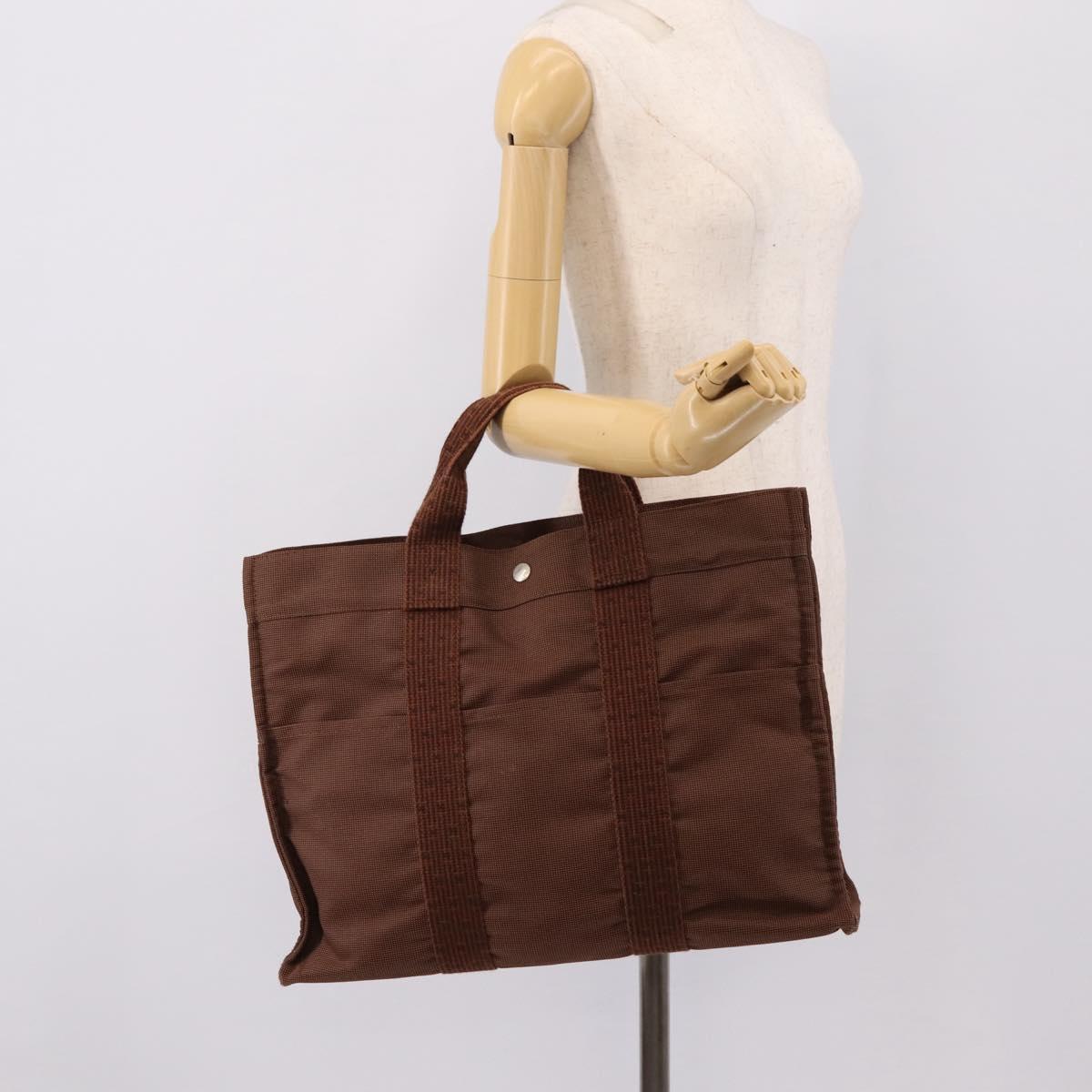 HERMES Her Line MM Hand Bag Canvas Brown Silver Auth 205885A