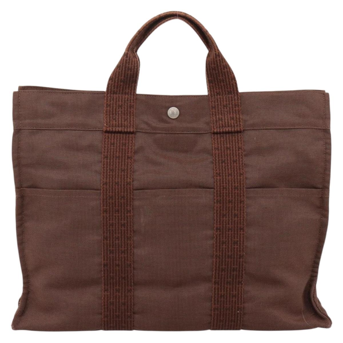 HERMES Her Line MM Hand Bag Canvas Brown Silver Auth 205885A