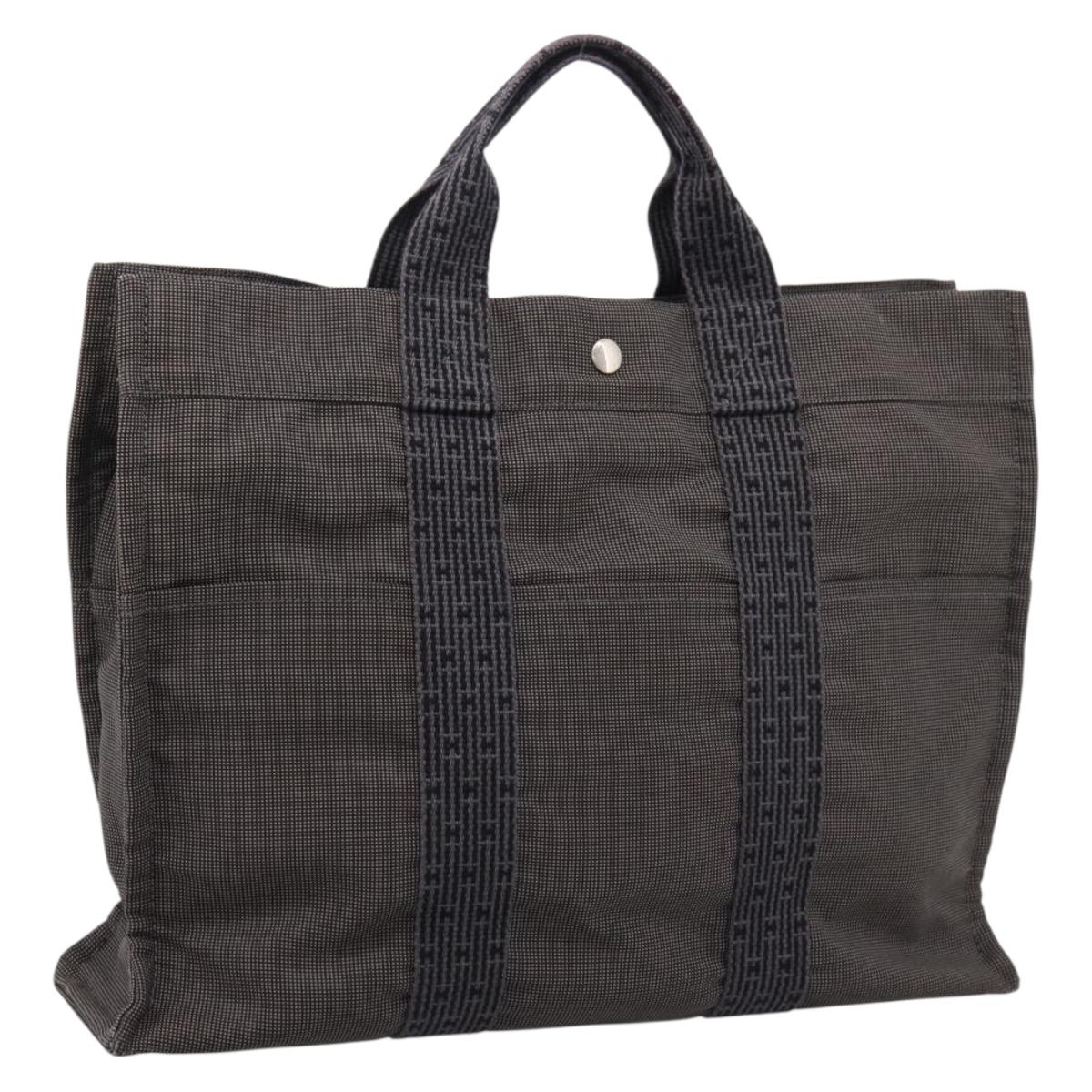 HERMES Her Line MM Hand Bag Canvas Gray Silver Auth 205886A
