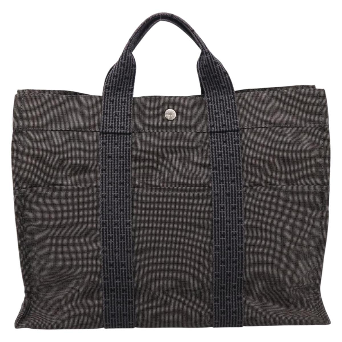 HERMES Her Line MM Hand Bag Canvas Gray Silver Auth 205886A